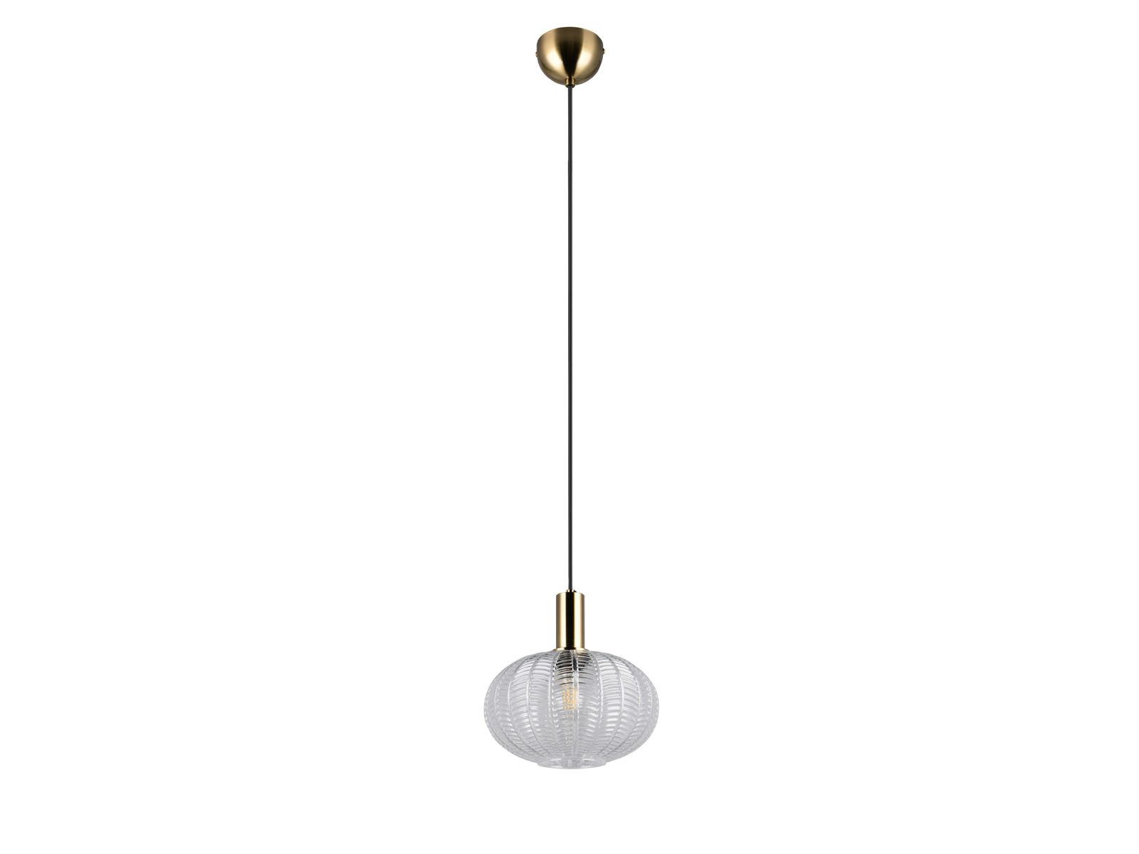 Reality Leuchten LED Pendelleuchte Rillenglas Lampenschirm Klar Ø 26cm, Leuchtmittel dimmbar, LED wechselbar, Warmweiß, Retro Hängelampe einflammig, 70er Style Kugel-Lampe hängend