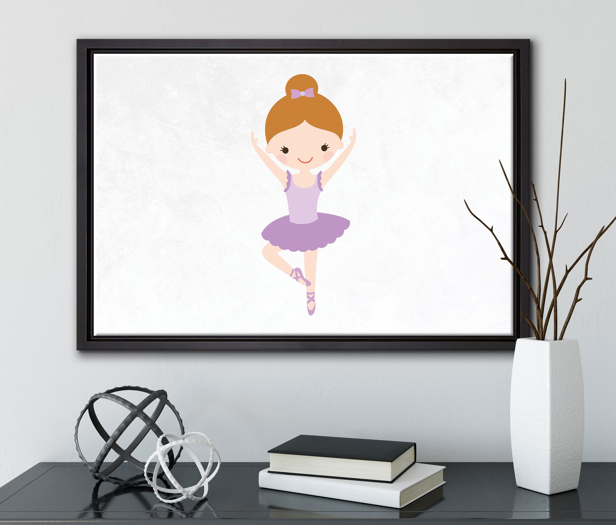 Pixxprint Leinwandbild Hübsche Ballerina mit St), Leinwandbild in Wanddekoration fertig inkl. Zackenaufhänger gefasst, (1 bespannt, Schattenfugen-Bilderrahmen einem schleife