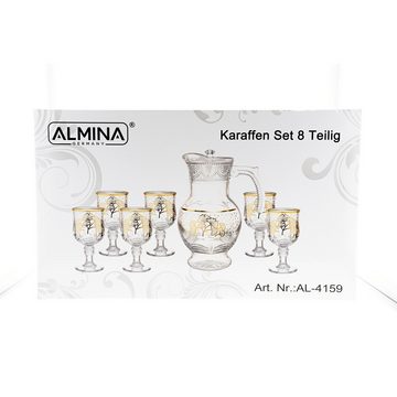 Almina Karaffe Karaffen-Set 8-Teilig aus Glas mit silbernen und goldenen Details