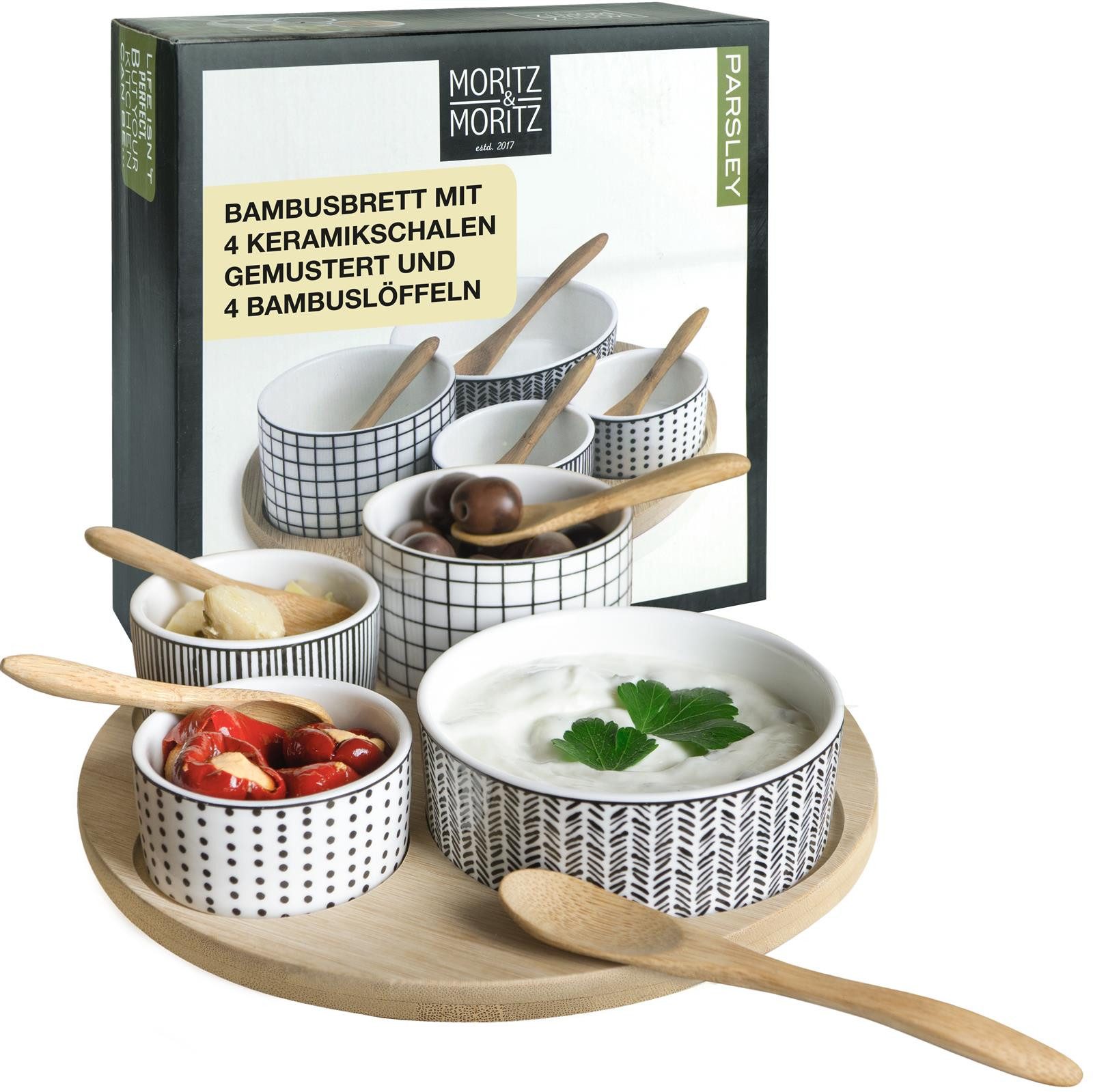 Moritz & Moritz Servierplatte Weiße Dipschalen Set mit Brett Holz Parsley, Keramik, (Set, 9-tlg., 9- teiliges Set), Hochwertiges Keramik