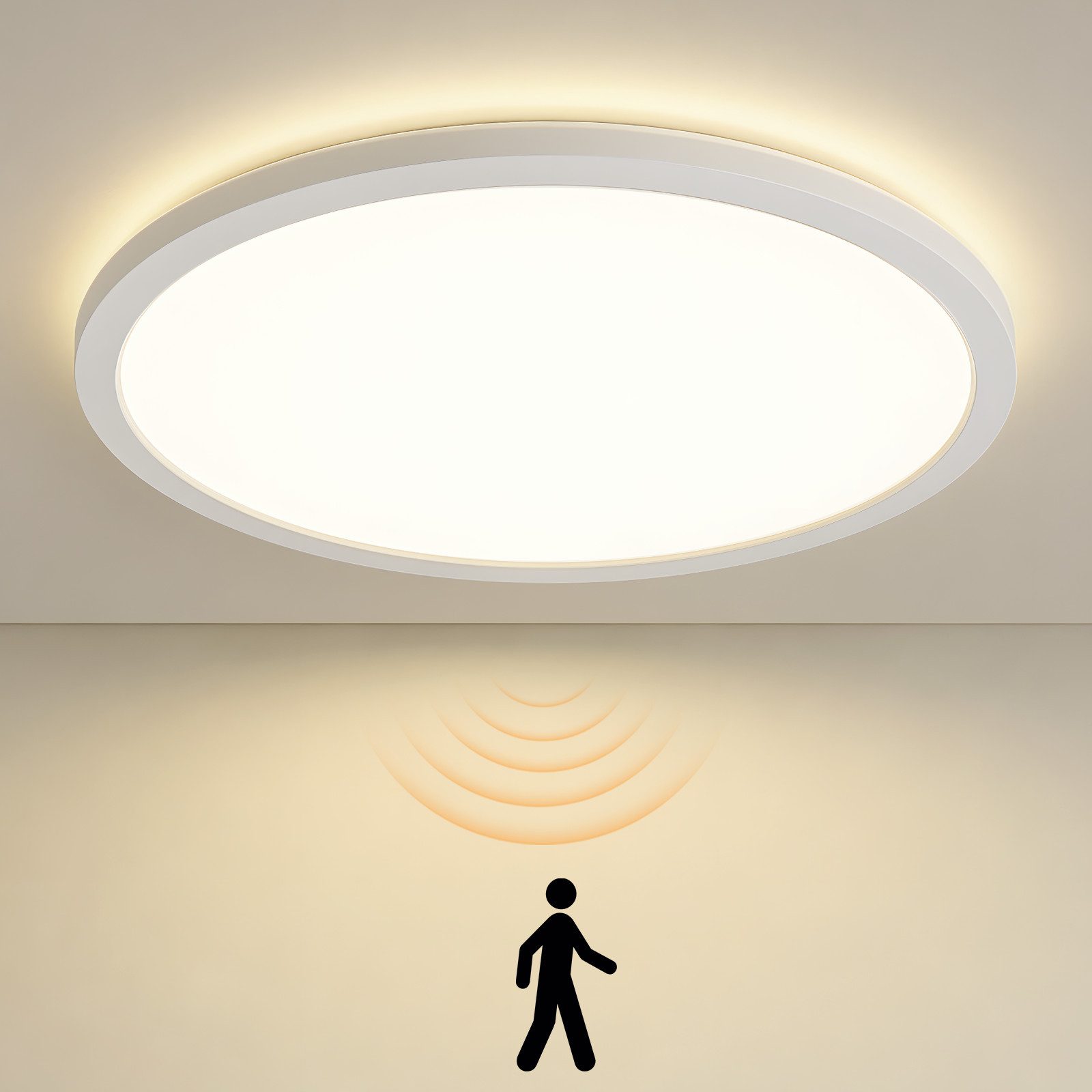 ZMH LED Deckenleuchte LED Panel-Rundleuchte mit Mikrowellensensor 29,3 cm 4000K Neutralweiß, LED fest integriert, Neutralweiß, Verzögerte Selbstabschaltung Lichtsensor Spritzwasserschutz IP44