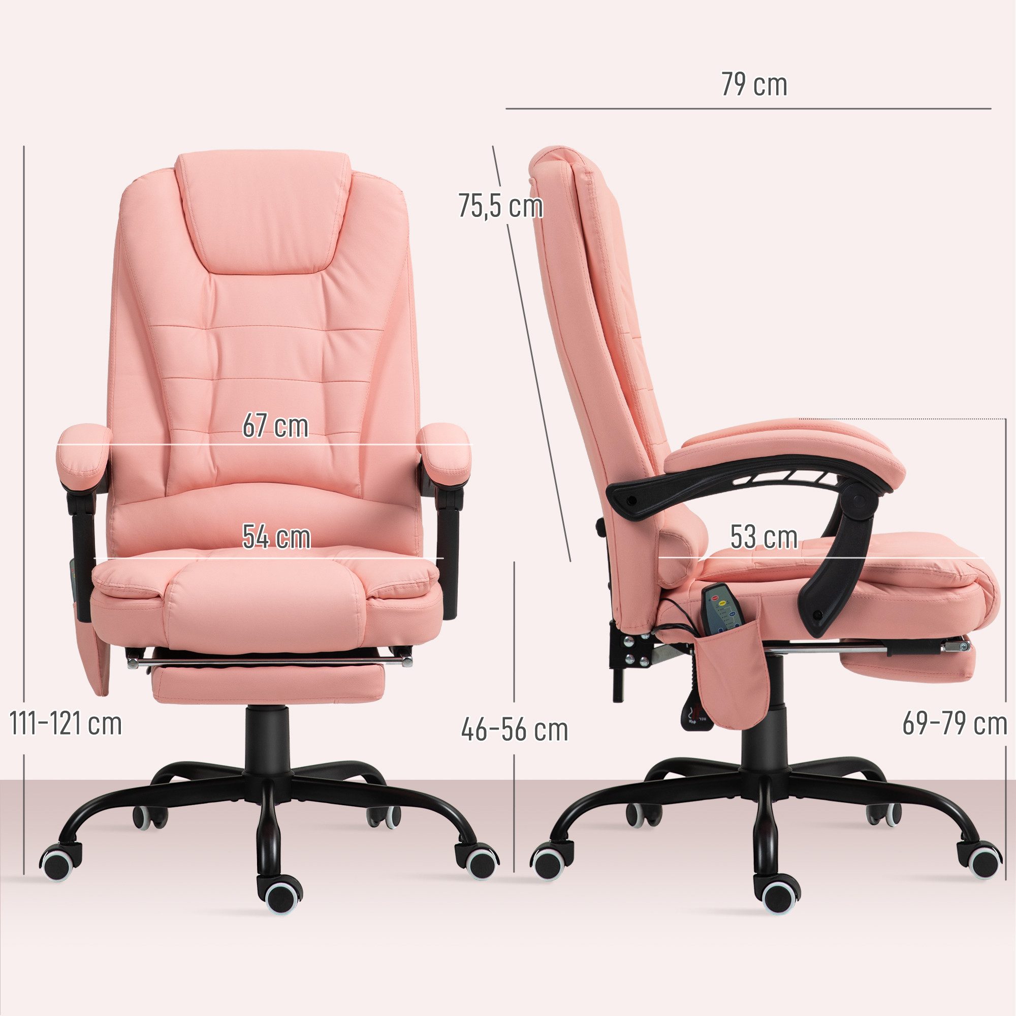 Vinsetto Schreibtischstuhl mit 7 Punkt Massage, mit Liegefunktion, Fernbedienung (Bürostuhl, 1 St), 120 kg belastbar, für Arbeitszimmer, Büro, Rosa