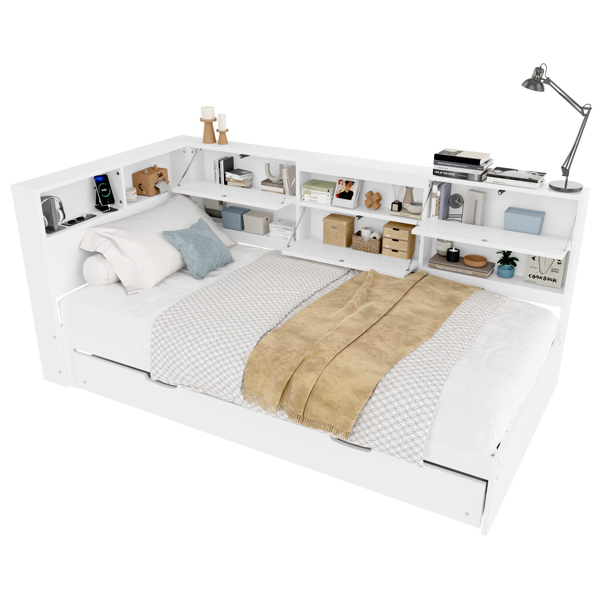 REDOM Schlafsofa mit Ausziehbett Kinderbett, Holzbett mit Stauraum & USB 90x200cm, ohne Matratze