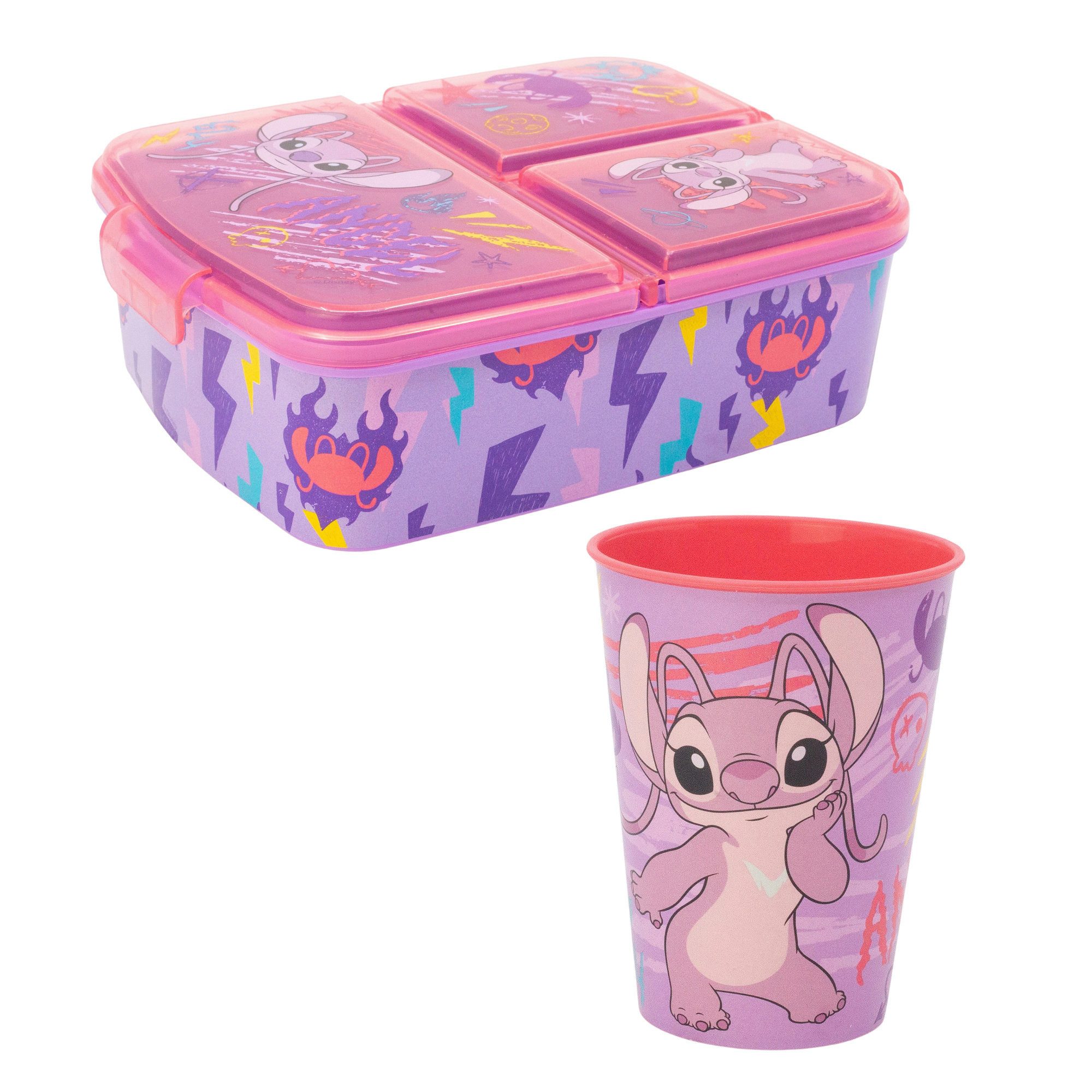 Disney Lunchbox Disney Stitch 2 tlg. Lunch Set Brotdose 3 Kammern Trinkbecher 260 ml, (Spar-Set, 2-tlg., Spar-Set)