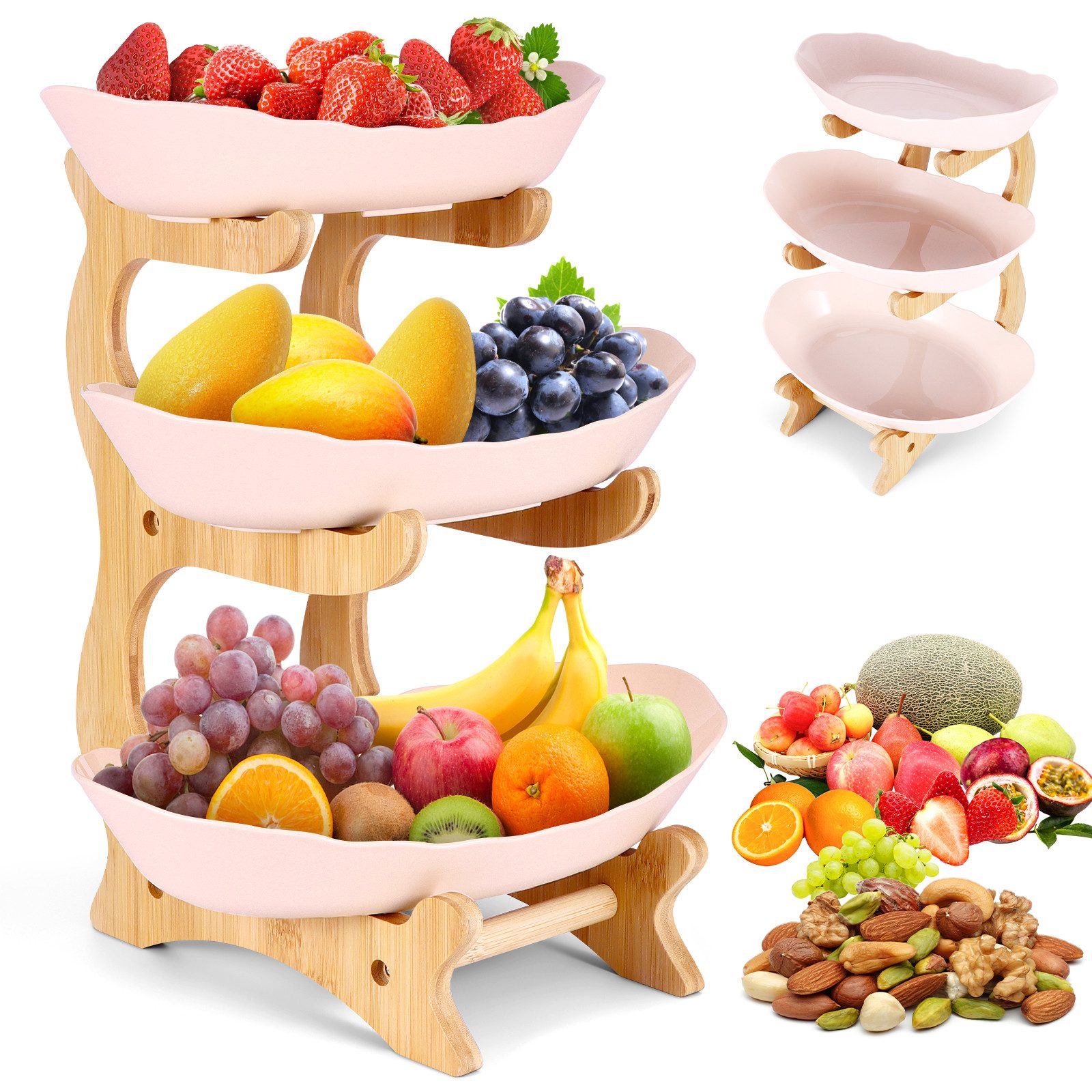 BlingBin Etagere Obst Etagere 3 Stöckig mit Bambus-Ständer, Kunststoffe Obstschale, Holz, Kunststoff, (1er Set, 1-tlg., Produktmaße: 32 × 28 × 22,5 cm, Material: Holz, Kunststoff), Platzsparendes Obstkorb Etagere für Gemüse, Obst, Snacks, Beige