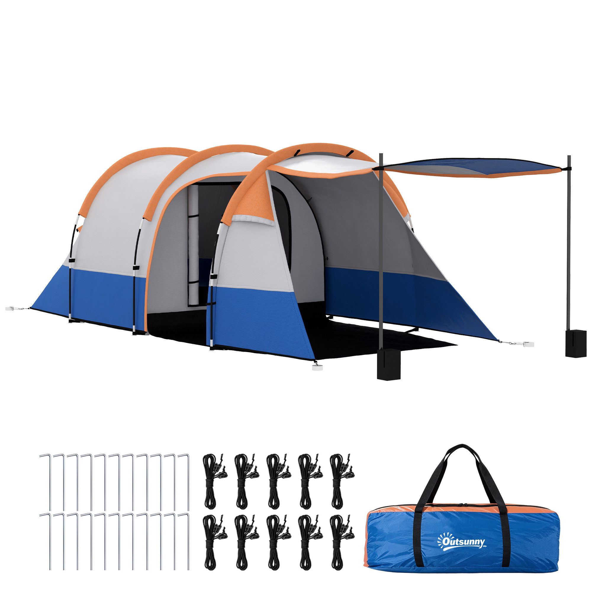 Outsunny Tunnelzelt Campingzelt, Personen: 2 (mit Lichthaken, 2 Räumen, 1 tlg., Winddicht Familienzelt mit Tragetasche), 2000mm Wasserabweisend Zelt für Camping