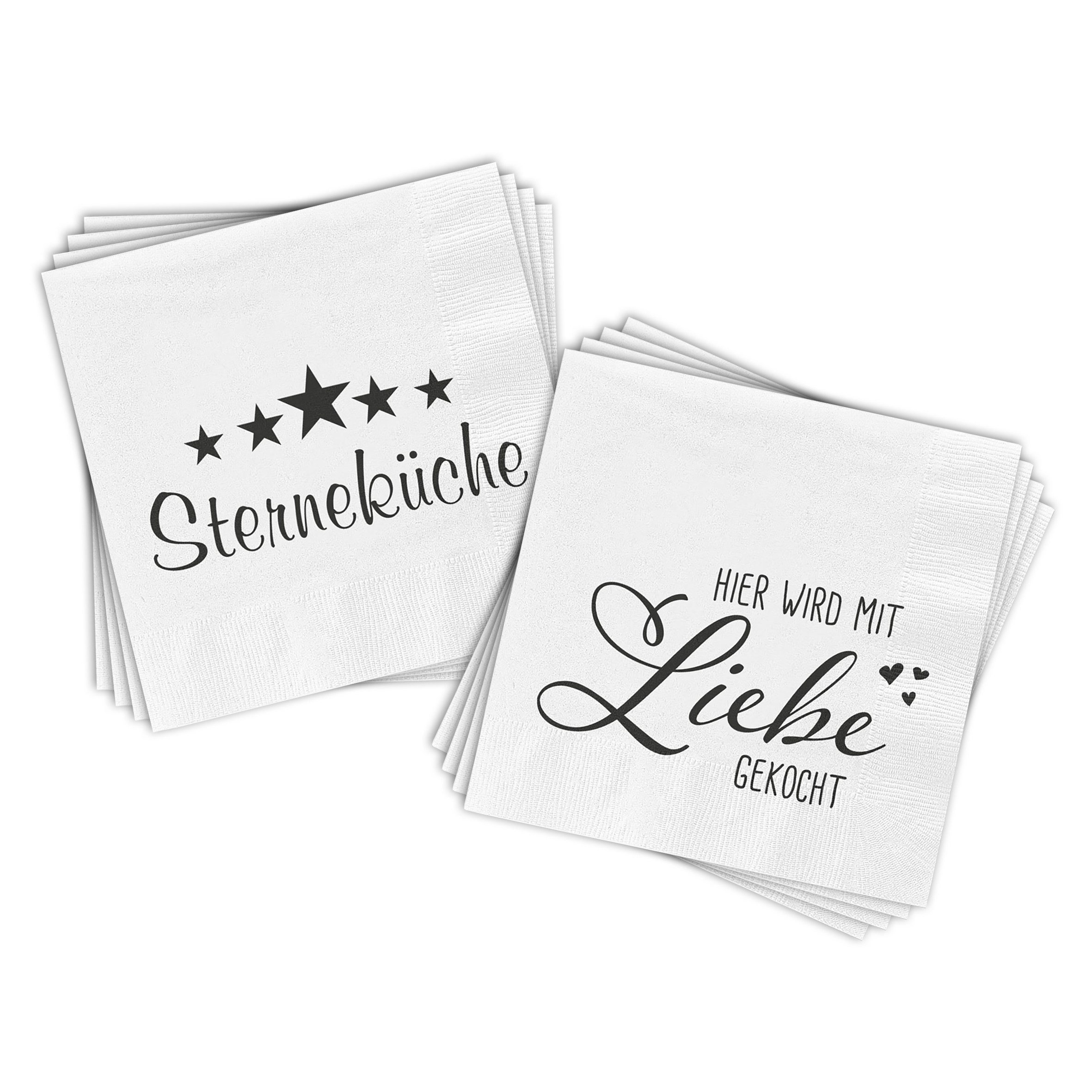 Spetebo Papierserviette Einwegservietten, (mit 2 verschiedenen Motiven, 80 St., 40 Stück pro Motiv), "Sterneküche" & "Hier wird mit Liebe gekocht"