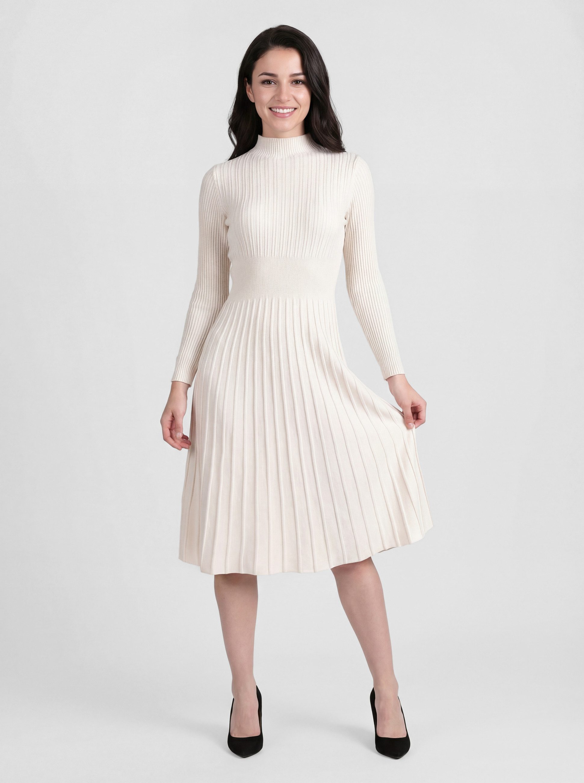 PEKIVESSA Strickkleid Midikleid tailliert weicher Strick mit ausgestelltem Rockteil