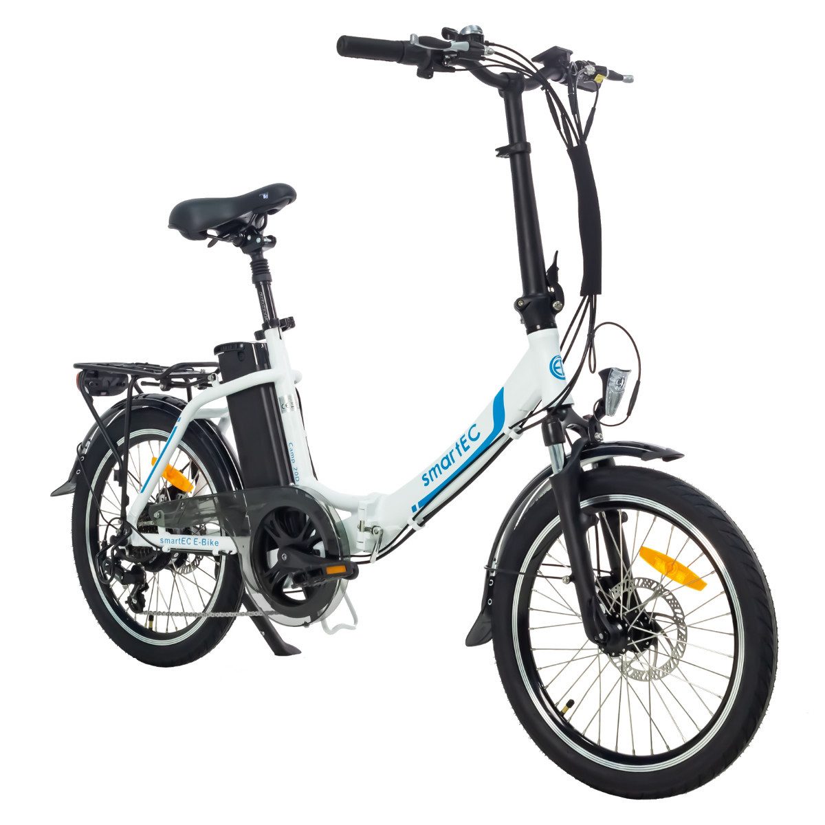 smartEC E-Bike Klapprad E-Klapprad Camp-20D E-Bike 20 Zoll Weiß, 7 Gang Shimano Tourney Schaltwerk, Kettenschaltung, Hinterrad-Nabenmotor, 562.00 Wh, (1 Paket, 6 tlg., Akku mit Ladegerät), Damen/Herren Unterstützung 25 km/h Anfahrhilfe Scheibenbremse StVZO
