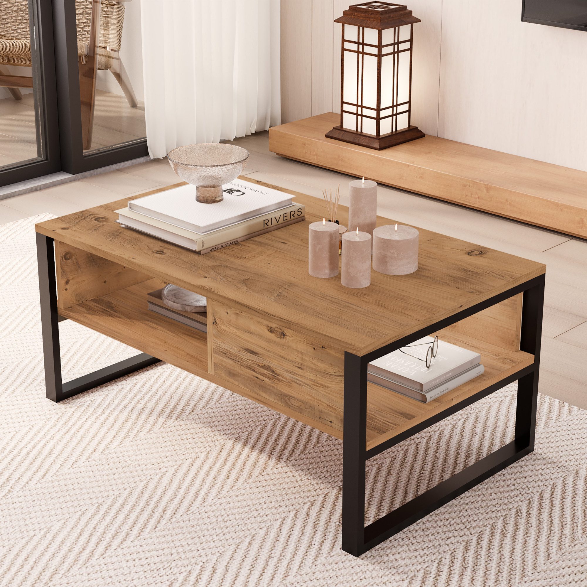 en.casa Couchtisch, »Laukaa« rechteckig Metallgestell 100 x 60 x 45 cm Eicheoptik rustikal