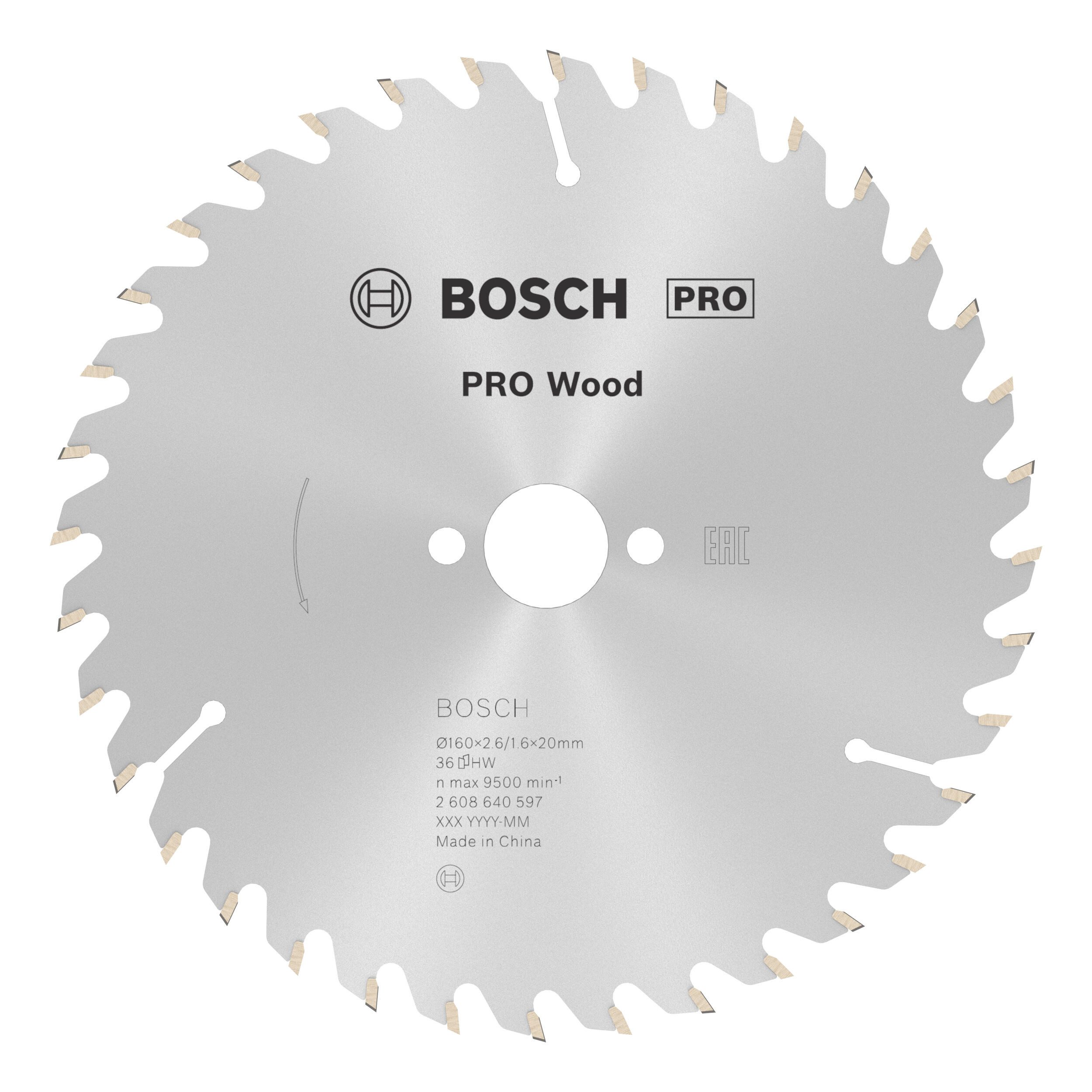 BOSCH Kreissägeblatt Pro Wood cordless, 160 x 2,6 x 20 mm, 36 Zähne, für Akku-Handkreissägen