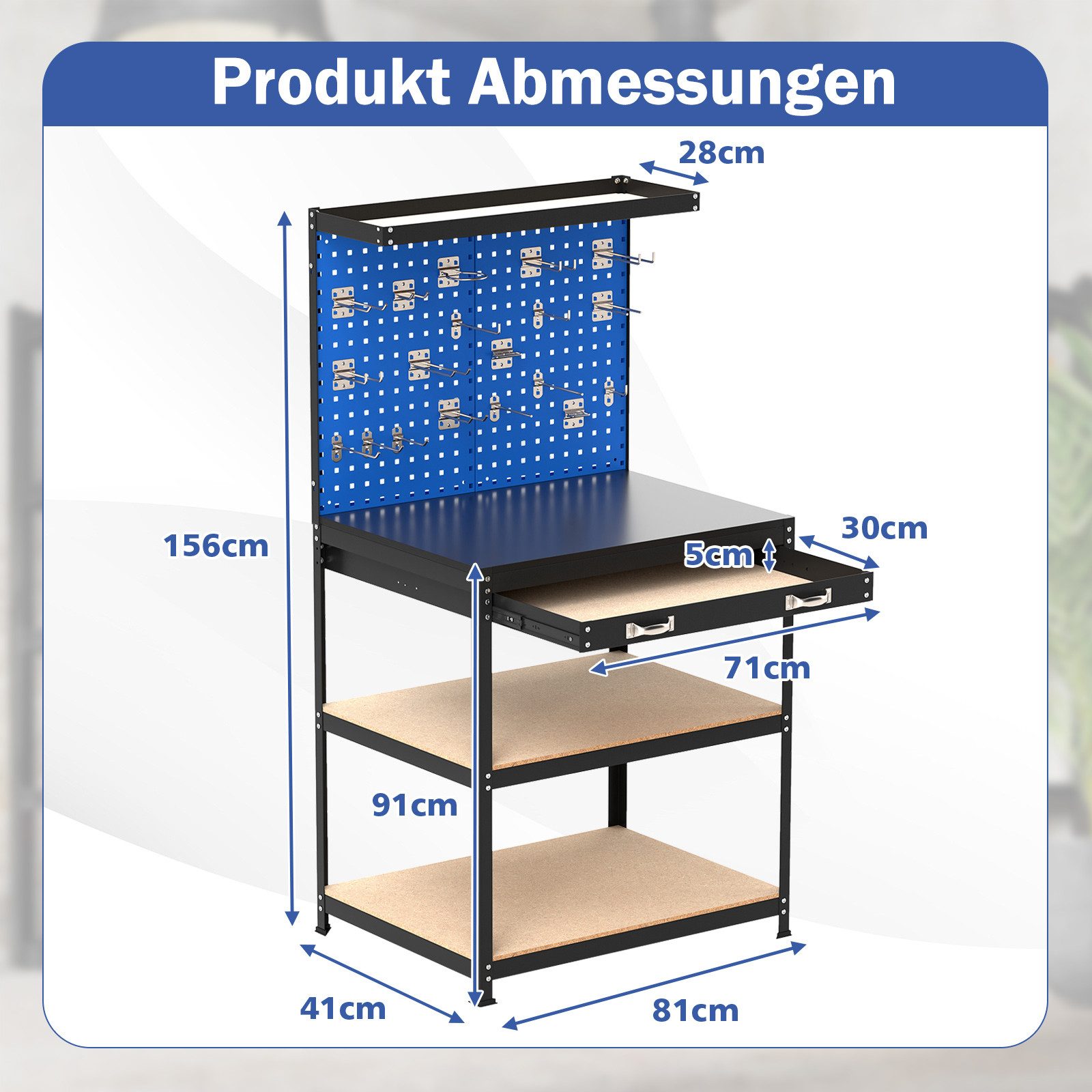 COSTWAY Werkbank, mit Lochwand Schubladen 20 Hängehaken bis 225kg 81x41x156cm