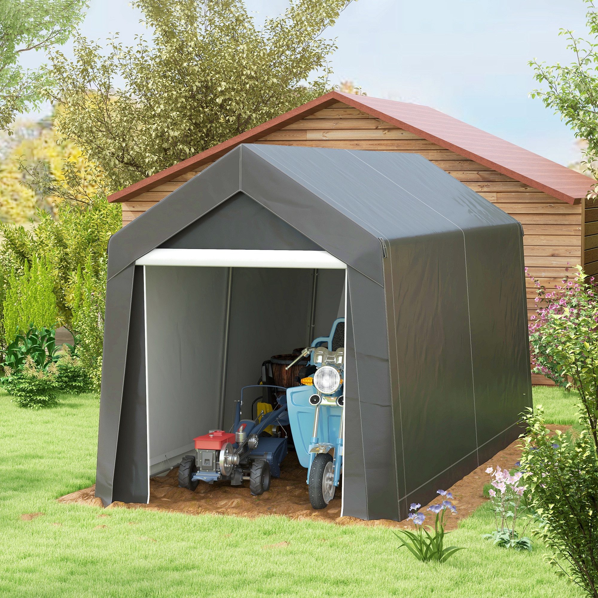 CHICFURN Gerätezelt 2,1 x 3,6 x 2,35 m Lagerzelt mit UV-Schutz und Reißverschlusstür, (Packung, 1 tlg., Wasserabweisende Foliengarage für Motorrad Fahrrad Gartenzubehör), Dunkelgraue Aufbewahrungslösung für Garten Hof und Außenbereich