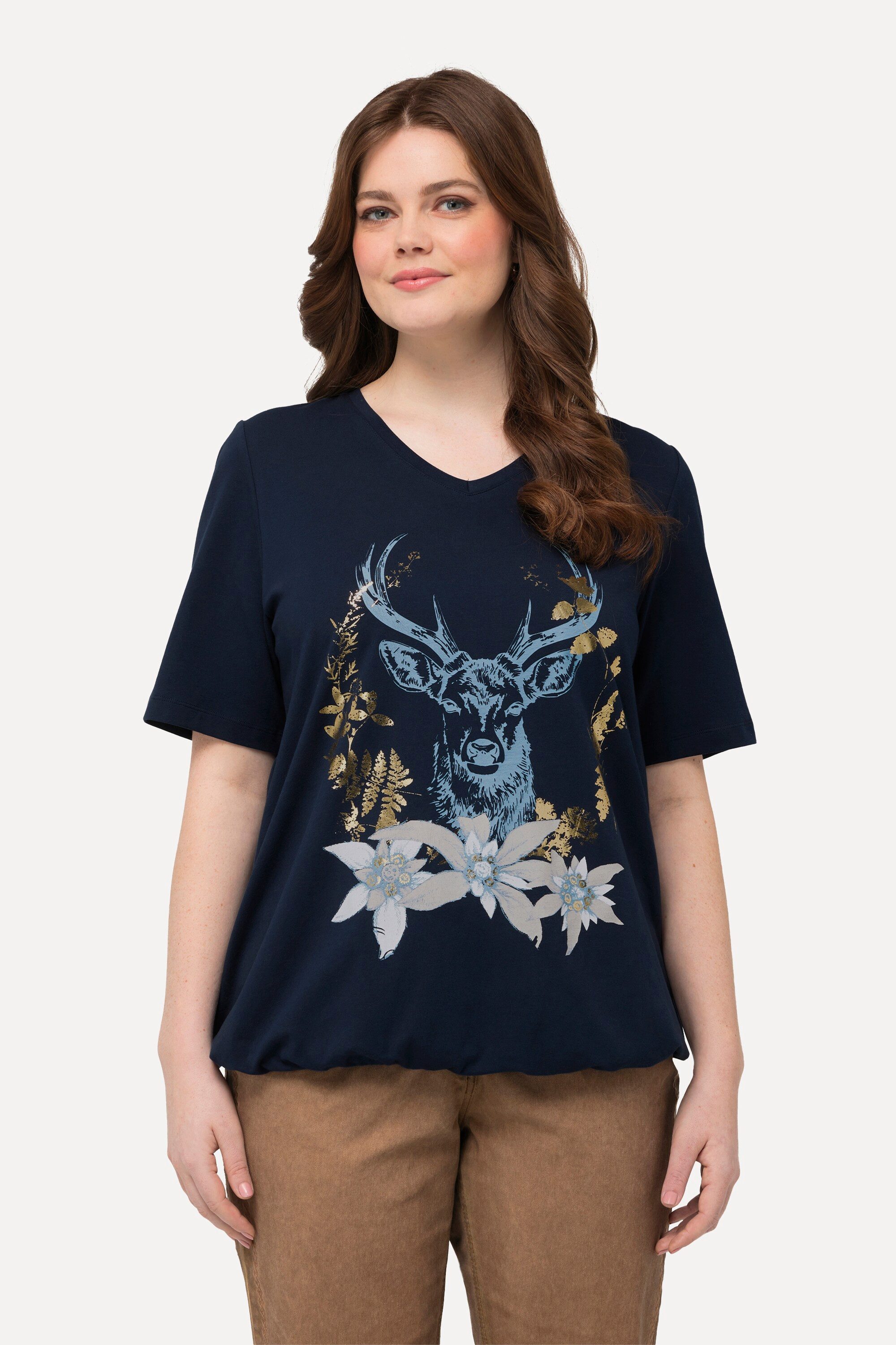 Ulla Popken T-Shirt T-Shirt Trachtenmotiv V-Ausschnitt günstig online kaufen