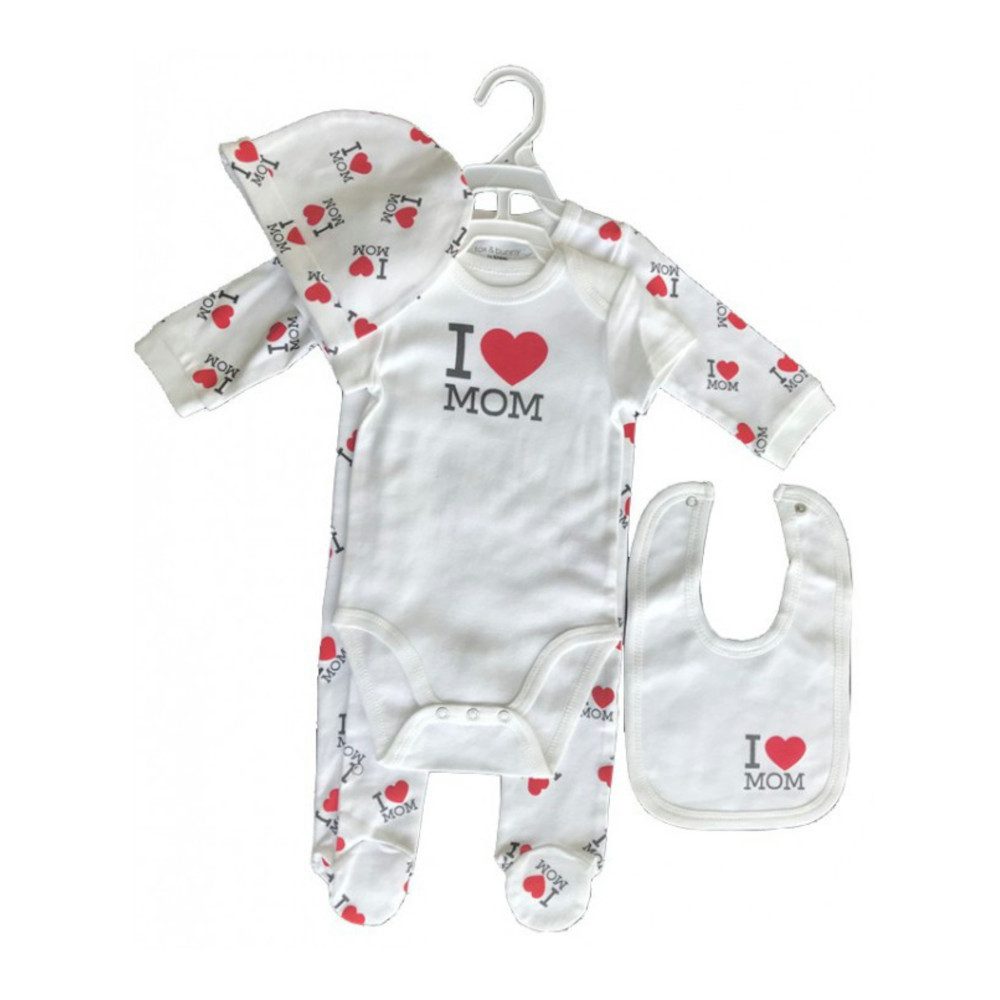 EplusM Shirt & Hose 4-teiliges Baby-Bekleidungs-Set 'I Love MOM', Body, Strampler, Mütze, (Set, 4-tlg., Body, Strampler, Mütze, Lätzchen)