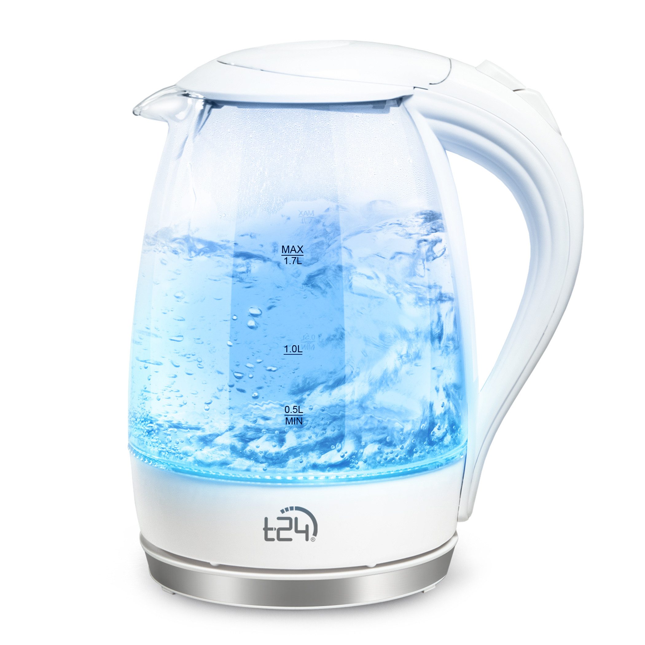 T24 Wasserkocher Glas Wasserkocher 1,7L, 2200W, LED, BPA-frei,TÜV GS, 360° Sockel,Weiß
