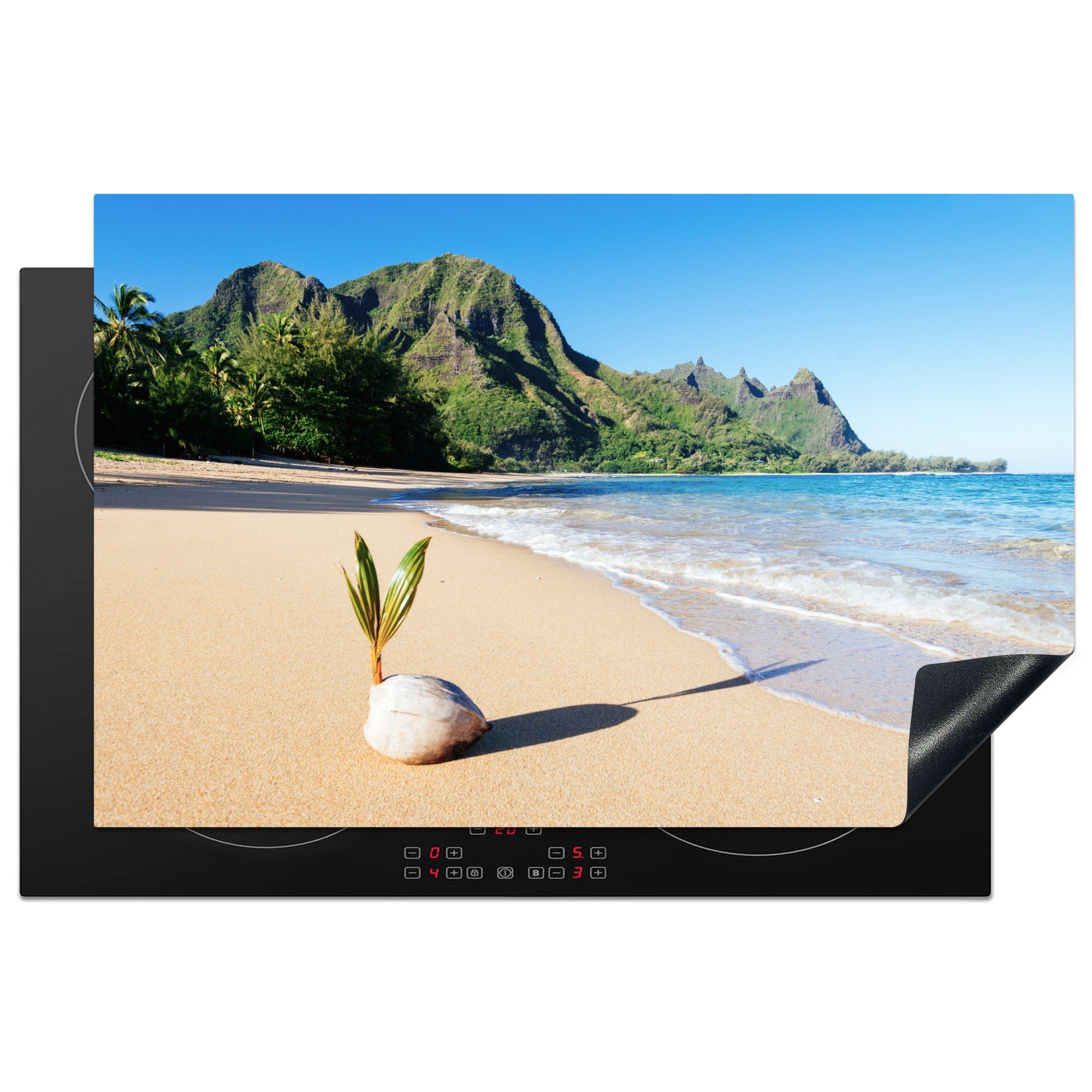 MuchoWow Herdblende-/Abdeckplatte Kokosnuss mit dem Prinzip einer Palme an einem perlweißen Strand, Vinyl, (1 tlg), 81x52 cm, Induktionskochfeld Schutz für die küche, Ceranfeldabdeckung