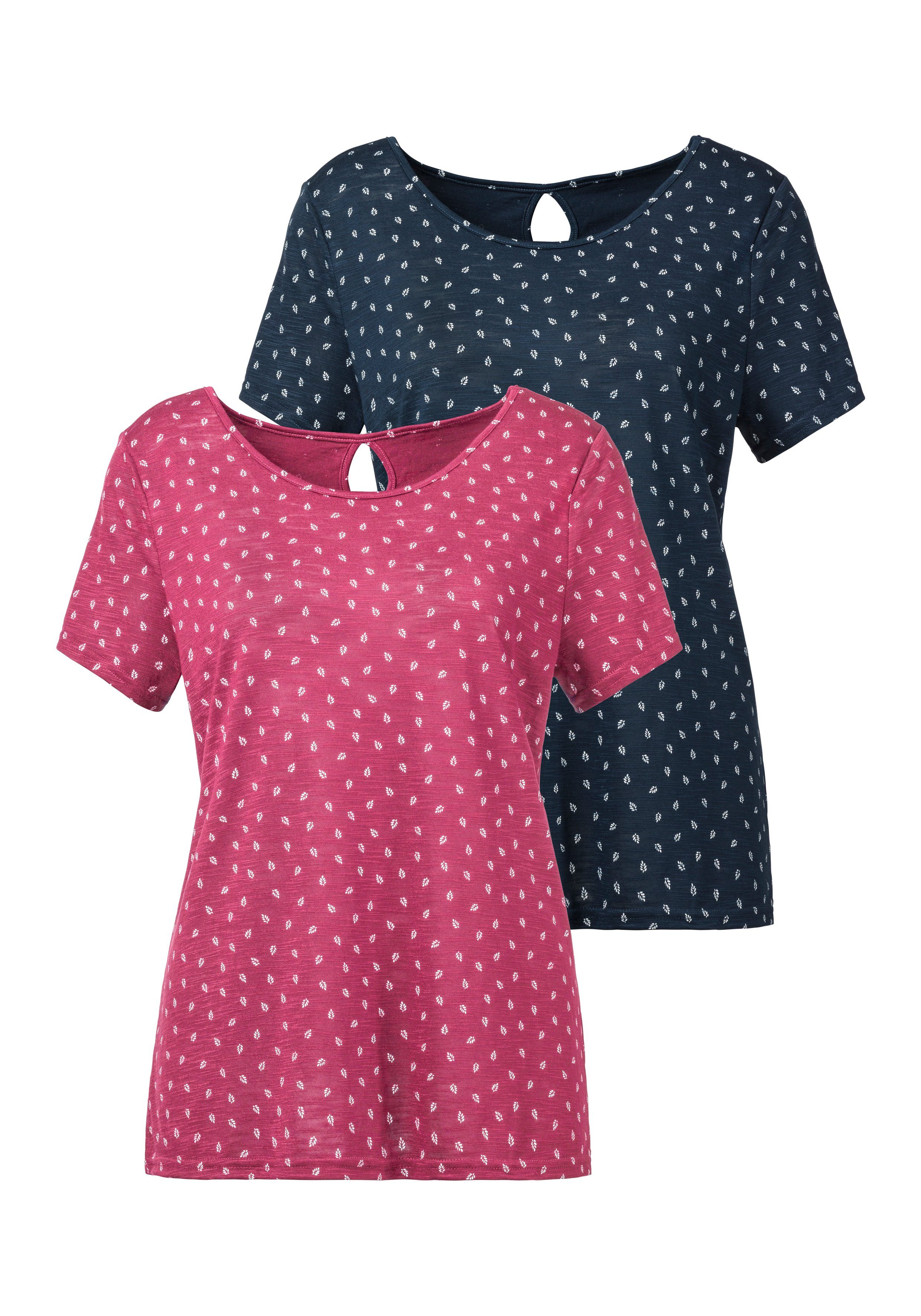 LASCANA T-Shirt (2er-Pack) mit im Nacken navy-gemustert beere-gemustert, Blätter-Druck süßem und Cut-Out