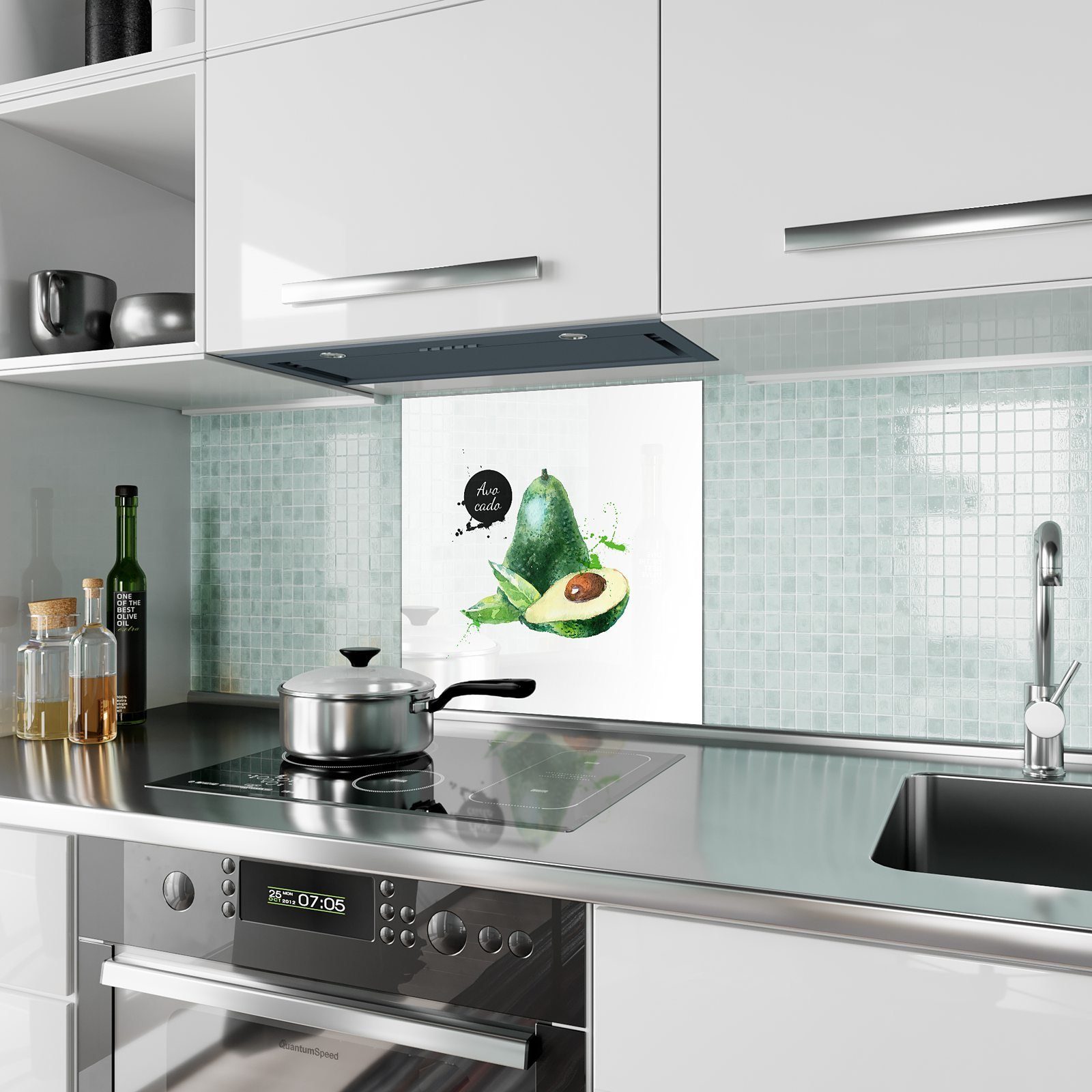 Küchenrückwand mit Avocado Glas Spritzschutz Aquarell Primedeco