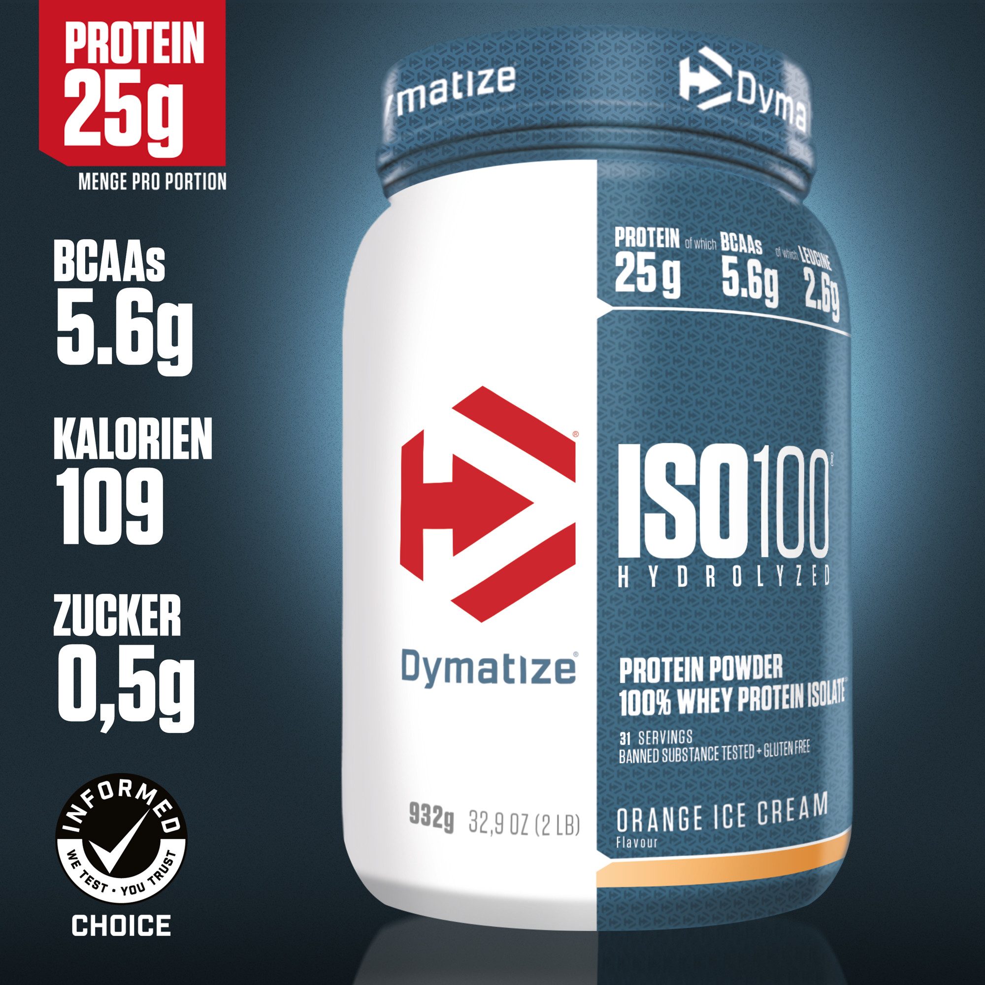 Dymatize Whey Protein Pulver Shake Eiweiß ISO 100 Orange Ice Cream 932 g Pulver, 932 g