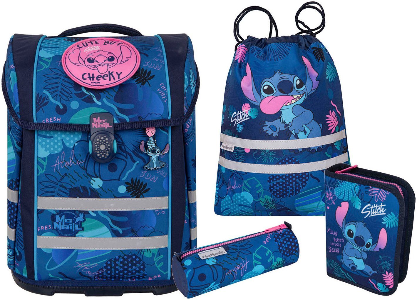 McNeill Schulranzen Perfecto, Disney, Stitch (Set, 5-tlg), inkl. Federmäppchen, Turnbeutel, Schlamperrolle & Motivmagnet