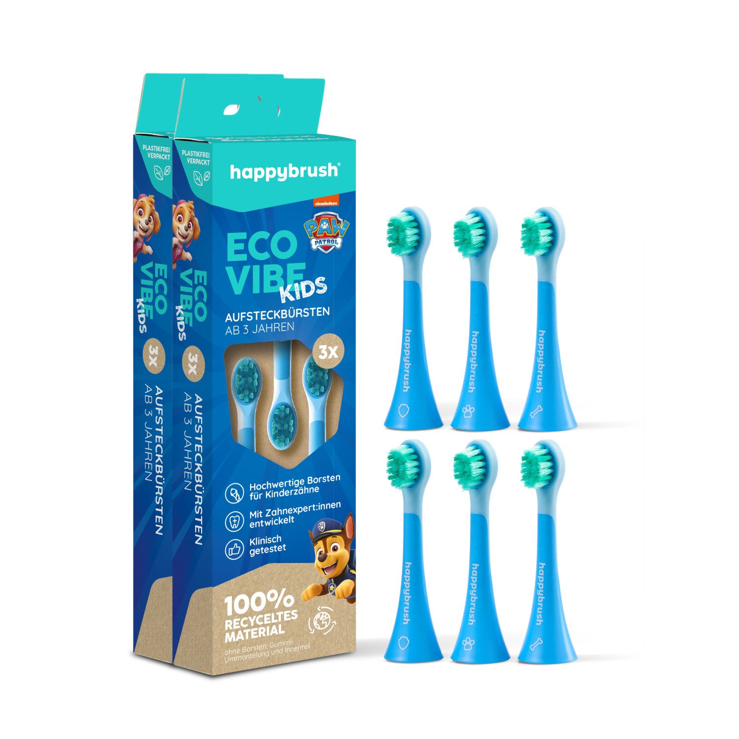 happybrush Щетки 2x3 PawPatrol, Spar-Set, für happybrus PawPatrol Kinderlernzahnbürste, ab 3 Jahre, ab 3 Jahren, weiche Borsten, Triple-Borsten Technologie, 6 Stück