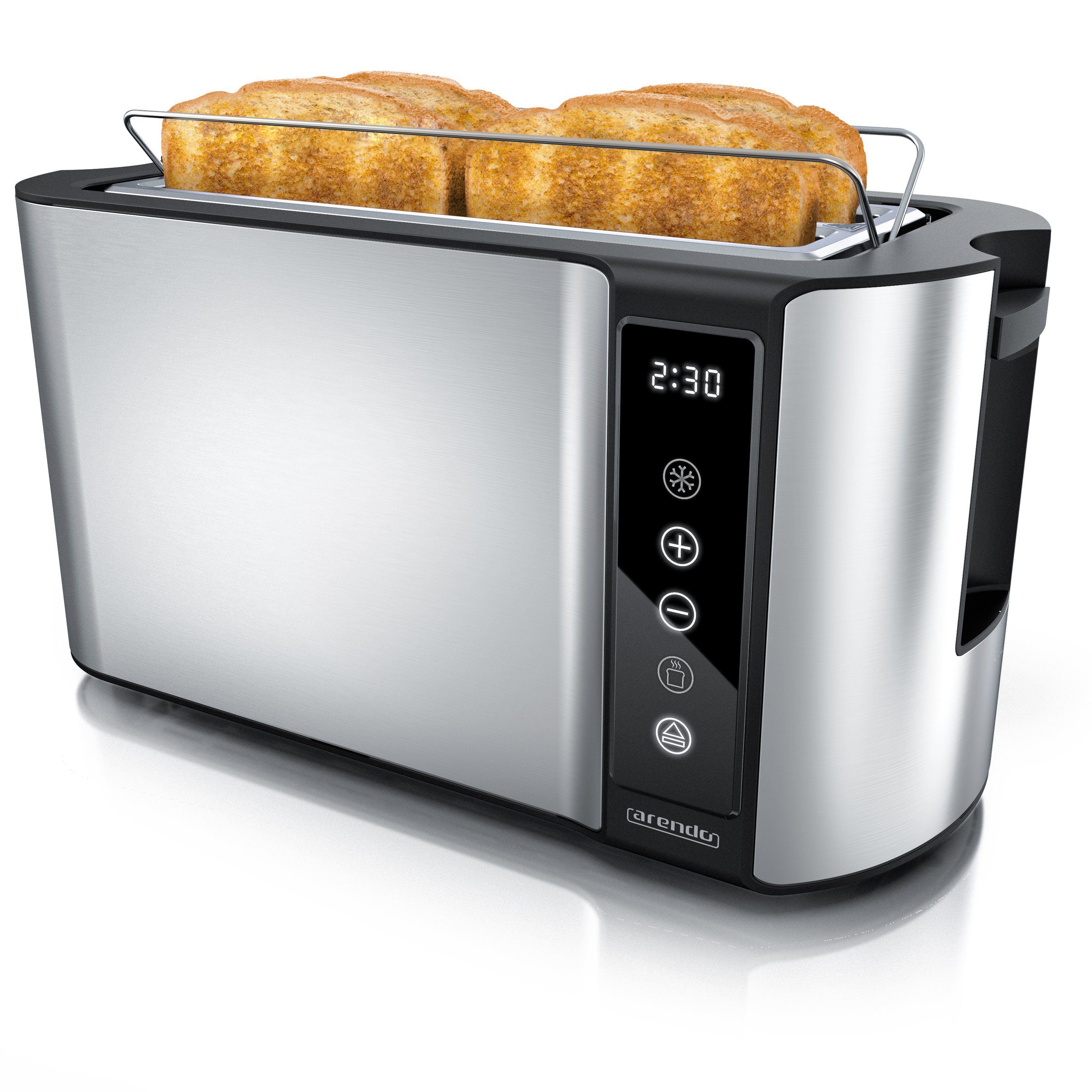 Arendo Toaster 4-Scheiben, Wärmeisoliertes Doppelwandgehäuse, Display Restzeitanzeige, 2 lange Schlitze, für 4 Scheiben, 1500 W, Langschlitz, Brötchenaufsatz, Brotscheibenzentrierung, Touchpanel