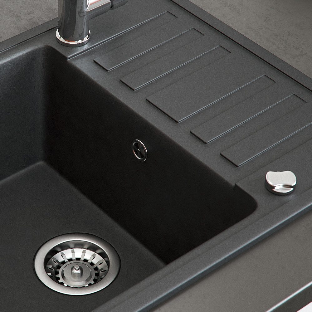 Bergstroem Granitspüle, Schwarz, 58 x 46 cm mit Trockenplatz, Rechteckig, 57.5/46 cm, beidseitig montierbar
