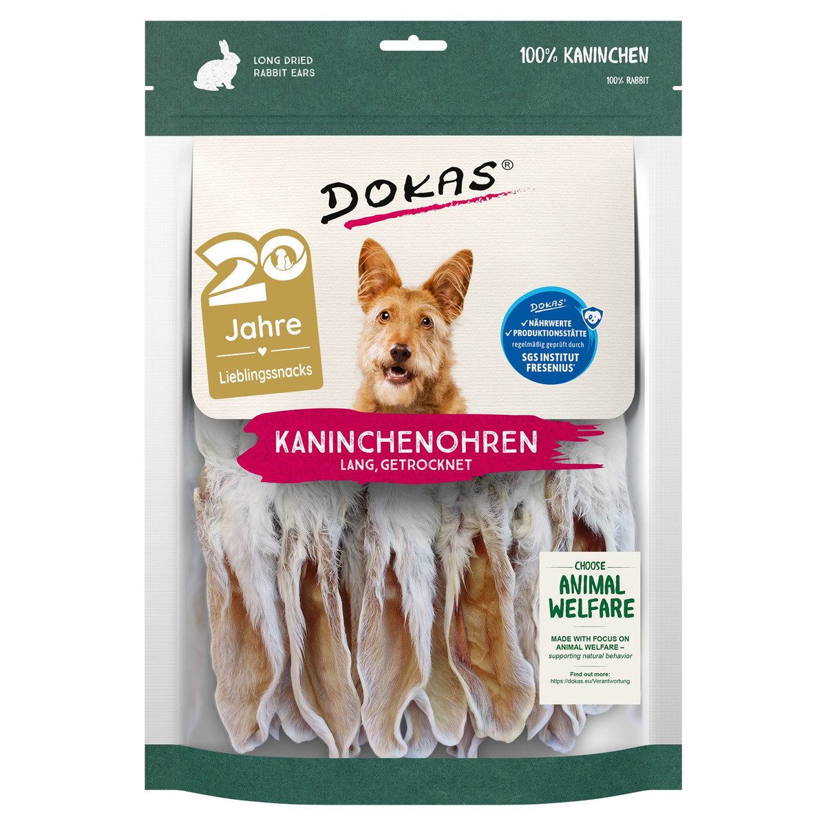 Dokas Kaninchenohren mit Fell getrocknet (lang) 180 g - 7 Stück - Sparpaket, Snack für: Hund