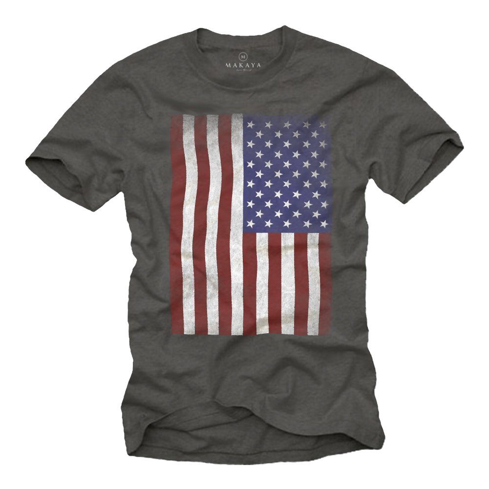 MAKAYA Print-Shirt Herren Männer T-Shirt Fahne Druck, mit US Flagge aus Amerika Army USA Baumwolle Armee Vintage Grau