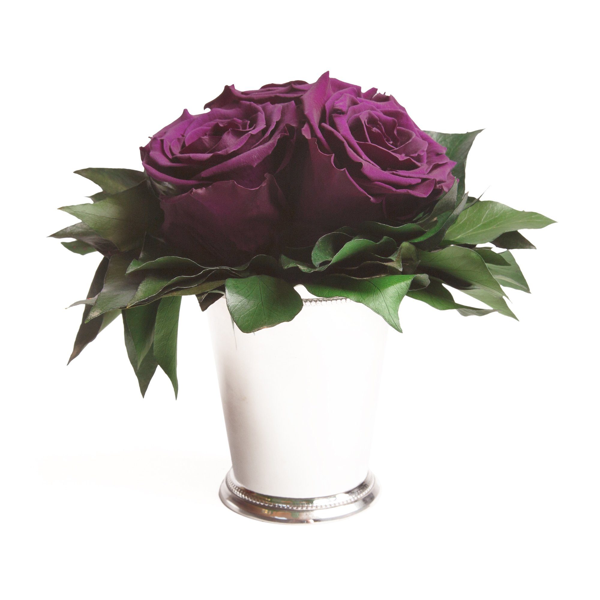 Kunstorchidee 3 Infinity Rosen silberfarbene Vase Wohnzimmer Deko Blumenstrauß Rose, ROSEMARIE SCHULZ Heidelberg, Höhe 15 cm, Rose haltbar bis zu 3 Jahre Lila