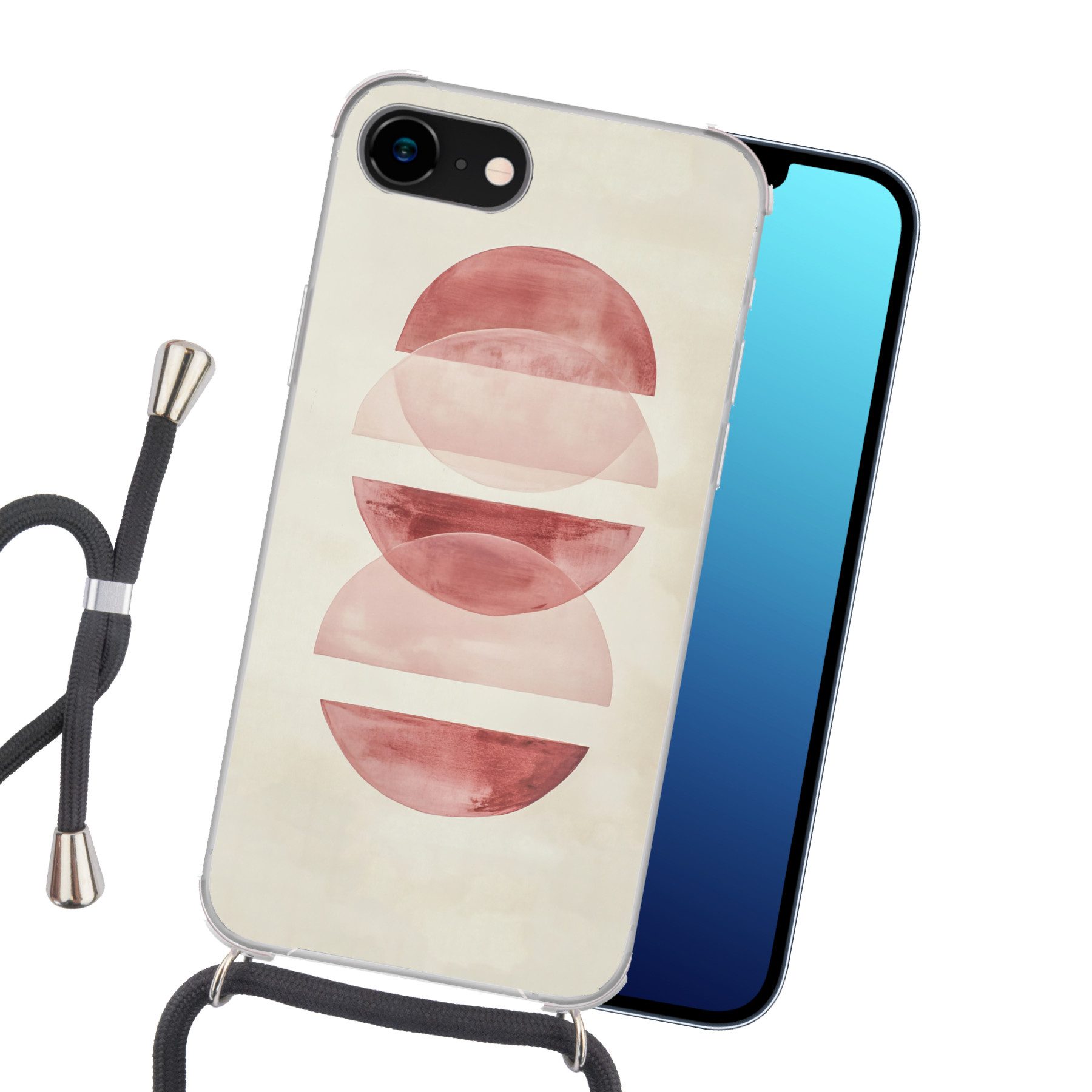 MuchoWow Handyhülle für Apple iPhone 8 Minimalistisch - Kreise - Rosa, Tragbare Handyhüllen mit Kette zum umhängen, Handykette Handyband