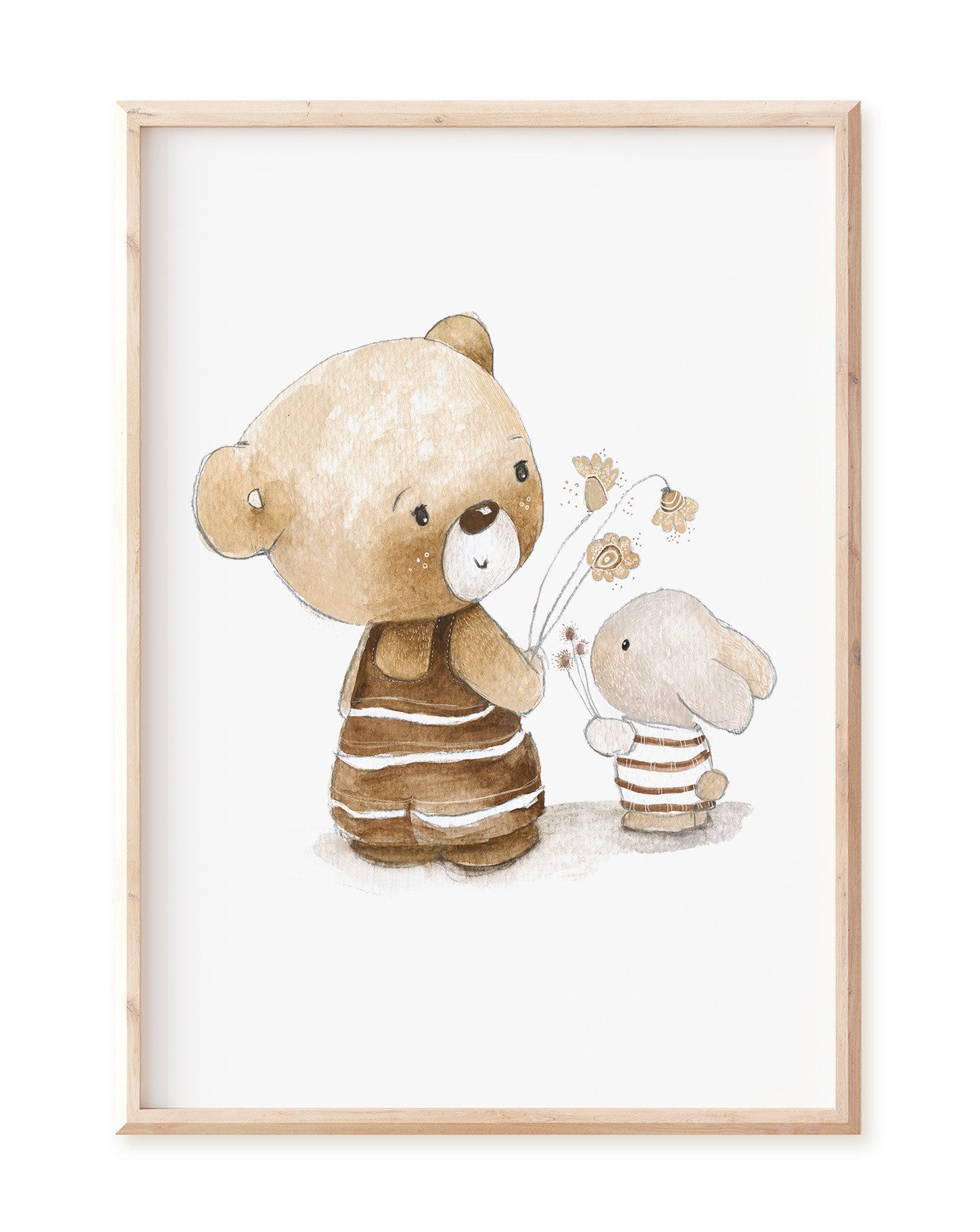 Pipapier Poster Kinderposter "Bär und Hase mit Blumen", Kinderzimmerdeko, Kinderzimmerbild in DIN A4 oder DIN A3