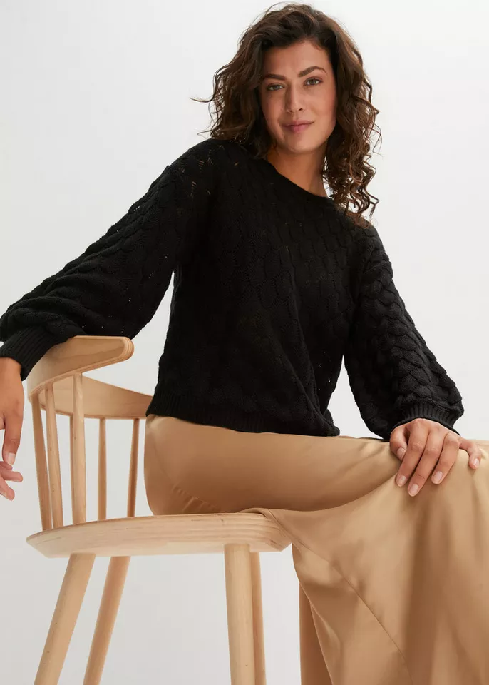 bonprix Ajourpullover lässige Passform, Ballonärmel, tolles Ajour-Strickmuster