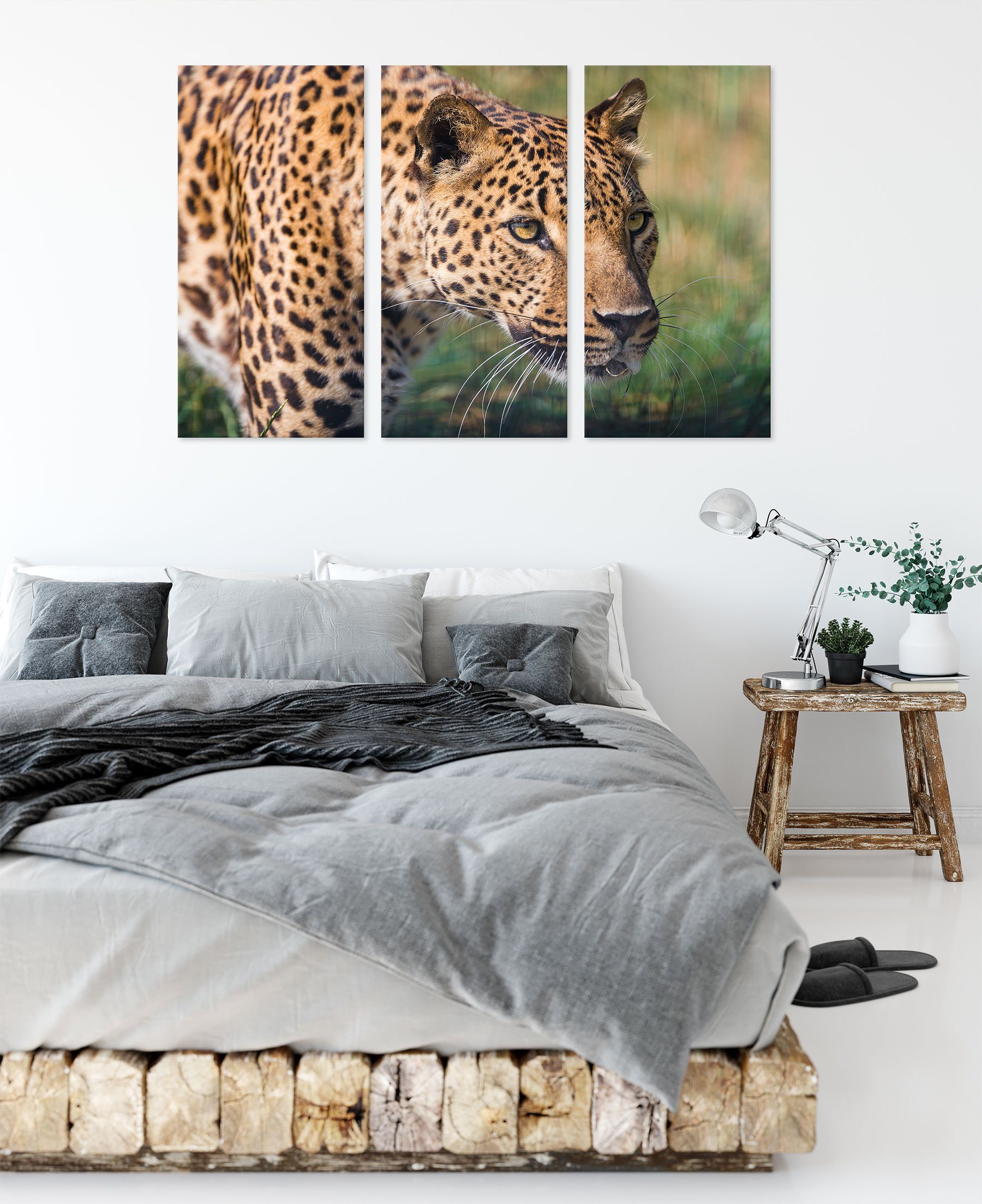 (120x80cm) bespannt, fertig schleichender 3Teiler Zackenaufhänger Leinwandbild inkl. (1 St), schleichender Leopard Pixxprint Leopard, Leinwandbild