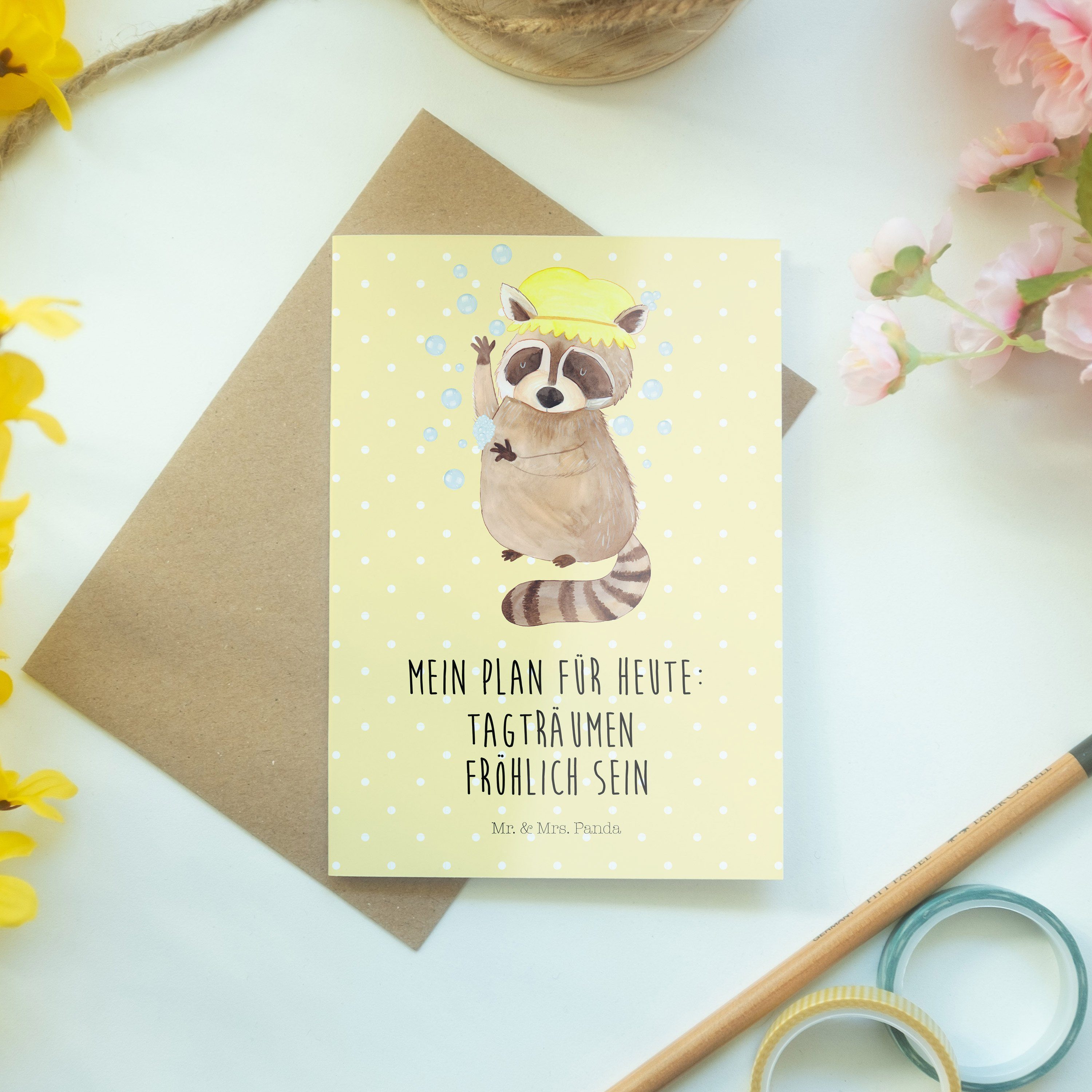 Mr. & Mrs. Panda Grußkarte - Waschbär Plan Pastell Geschenk, Gelb waschen, Glückwunschkarte, 