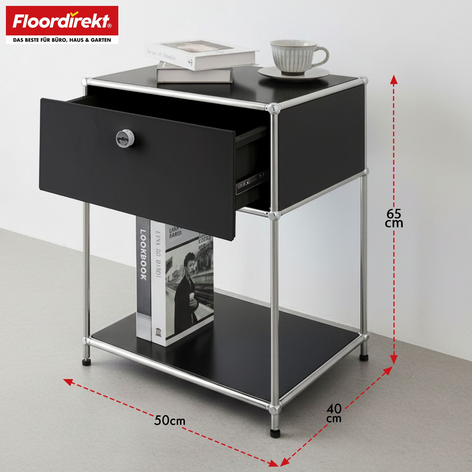 Floordirekt Beistelltisch Concept Epure MK-139, B50 × T40 × H65 cm, verschließbare Schublade (modular, kratzfeste Pulverbeschichtung), Beistellregal mit verchromtem Metallgestell, höhenverstellbare Füße