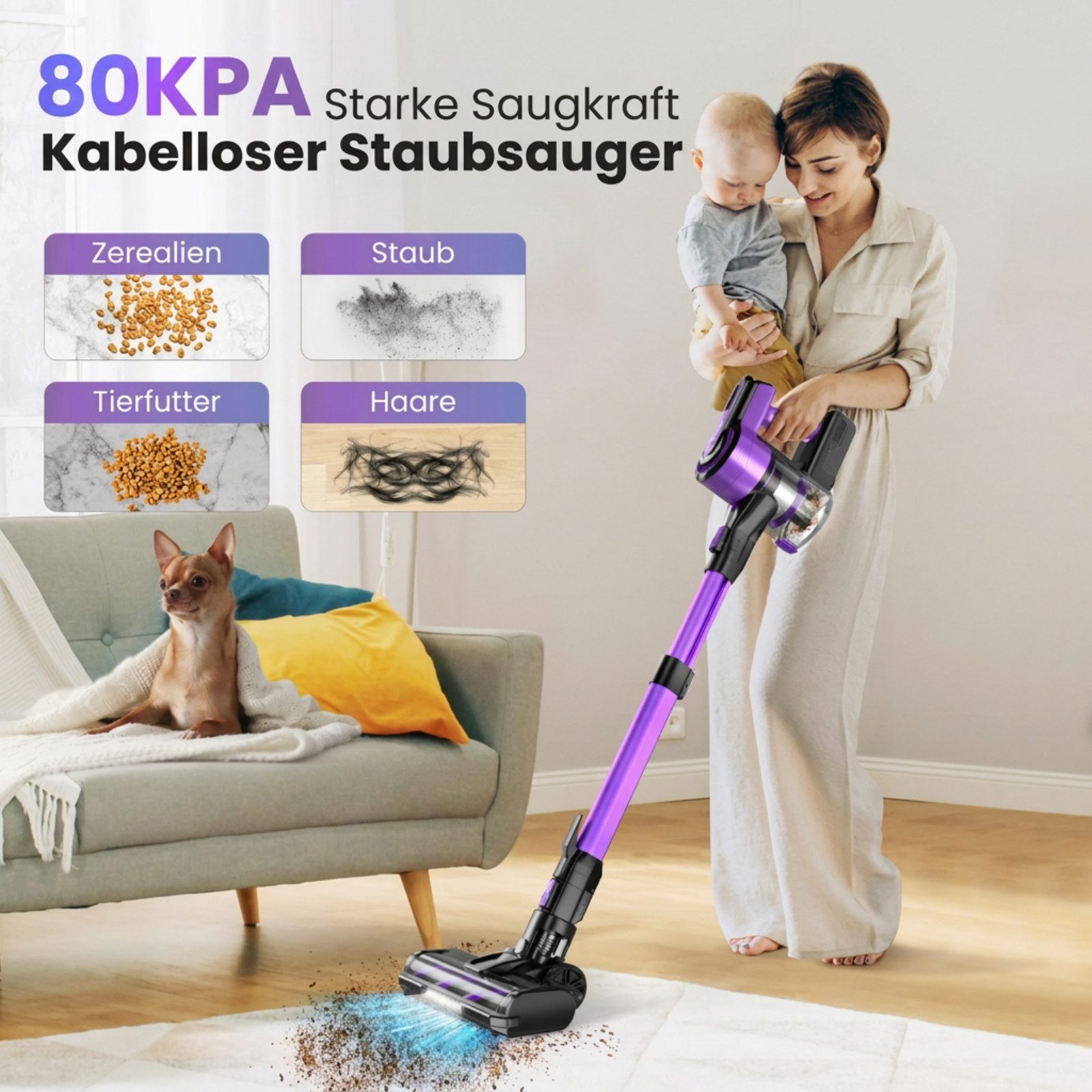 POWEART Akku-Hand-und Stielstaubsauger 80000Pa Akku Staubsauger 650W/60Min, 2L Staubsauger Kabellos, mit Beutel, 50dB leise/5-Stufen-Filter/OLED Display,Ideal für Böden/Teppiche/Auto