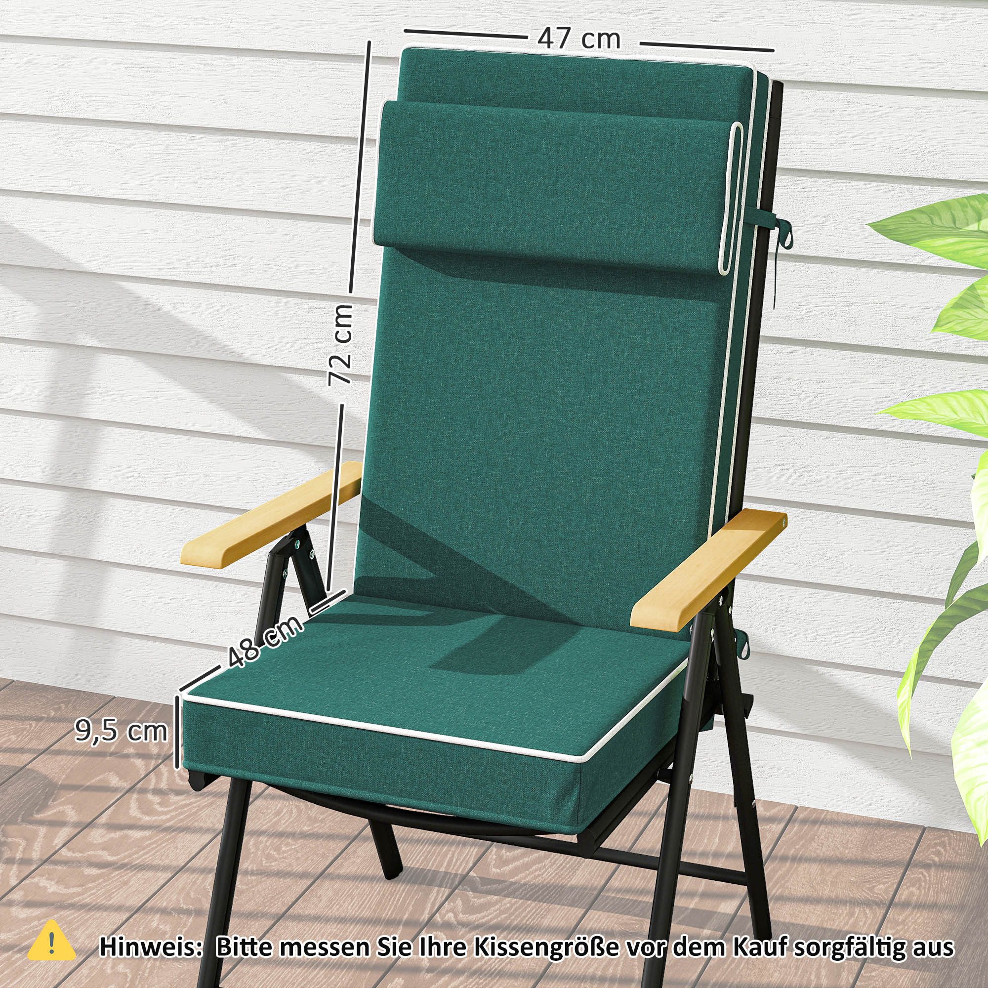 Outsunny Sitzkissen Stuhlkissen mit Bändern, Kopfstütze, UPF50+ Sitzpolster, für Klappstuhl, Essstuhl, 120 x 47 x 9,5 cm, Grün
