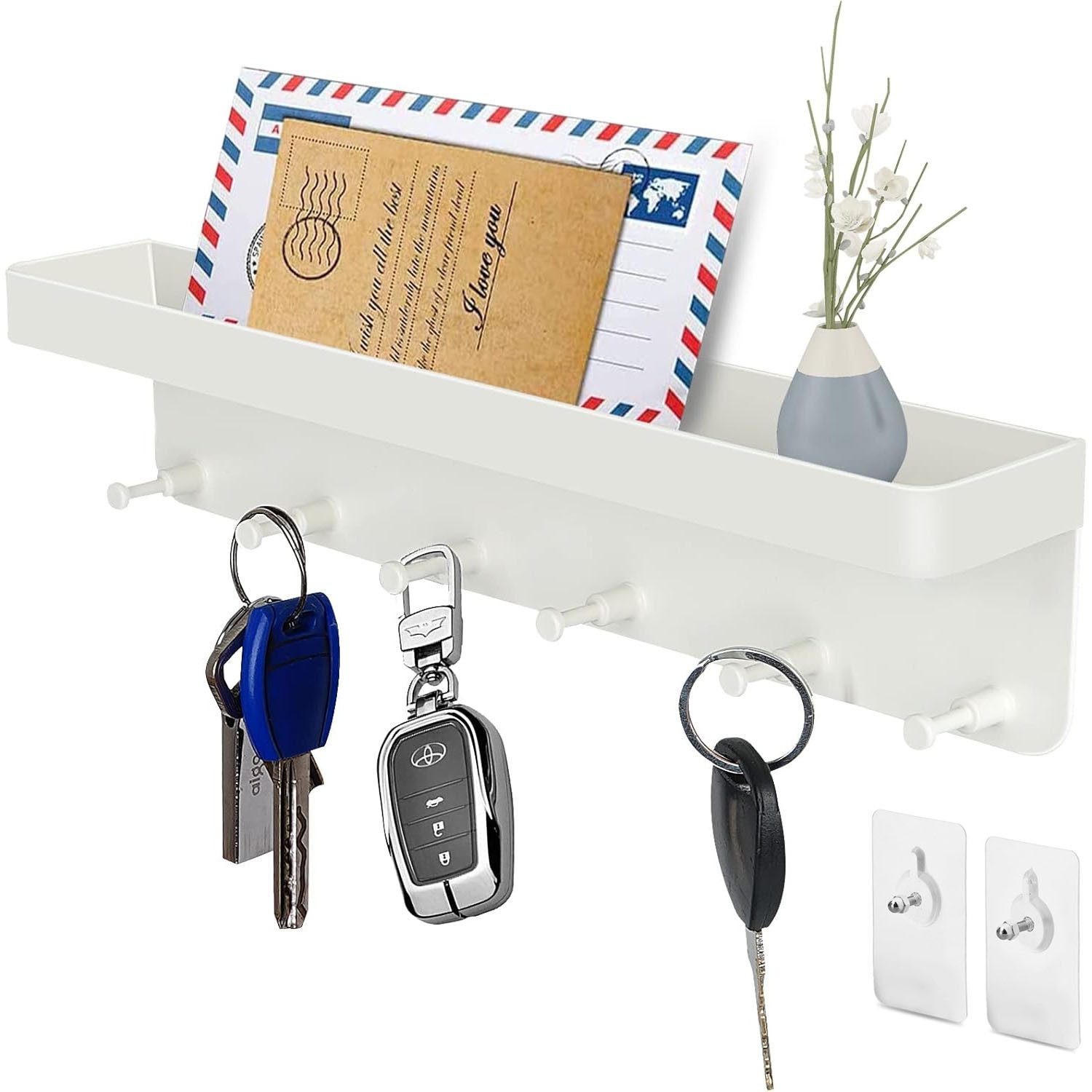 SURFOU Schlüsselbrett Schlüsselbrett mit Ablage, Schlüsselboard Schlüsselhalter ohne Bohren, (Edelstahl Selbstklebend Schlusselhanger Schlüssel Aufbewahrung Schlüsselleiste Wandorganizer Hakenleiste mit 6 Haken, Weiß/Schwarz, Schlüsselbrett), Edelstahl mit 6 Haken