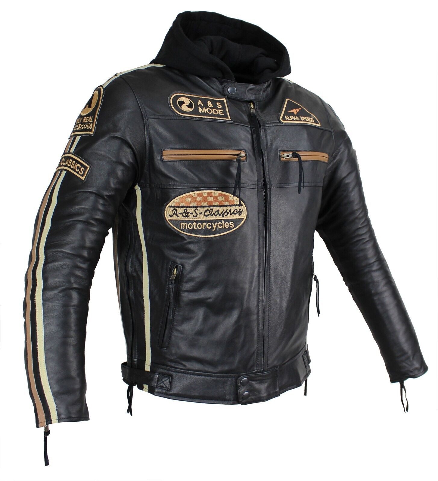 Alpha Speeds Motorradjacke Herren Leder Jacke Biker Freizeit Highway Jacke Braun/Beige Streifen (Trennbare Innenjacke + Kapuze) aus weichem Lammleder, mit herausnehmbare Protektoren