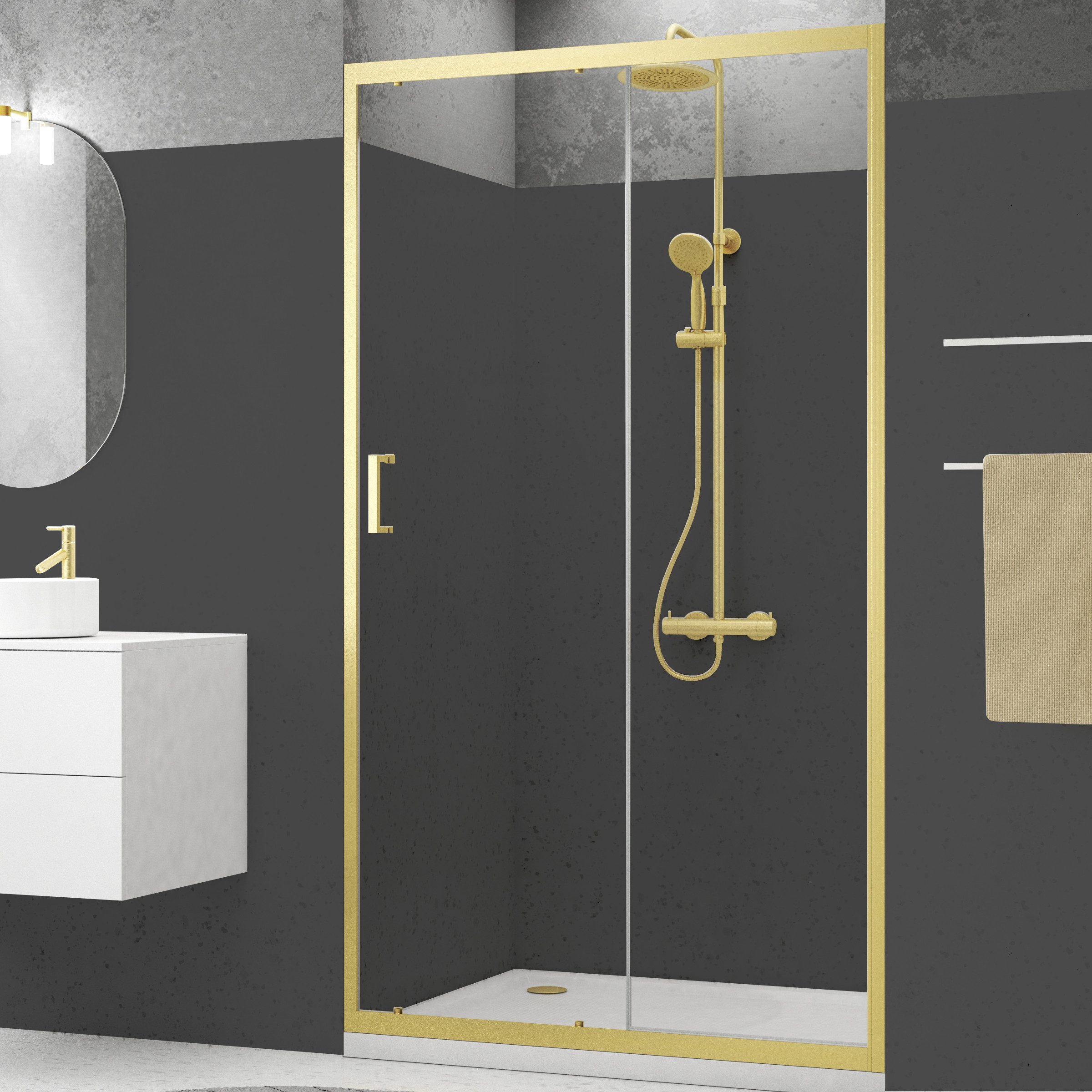 Marwell Walk-in-Dusche Golden Stage, Einscheibensicherheitsglas, Schiebetür mit Öffnungsbreite 49 cm, goldene Aluminiumprofile