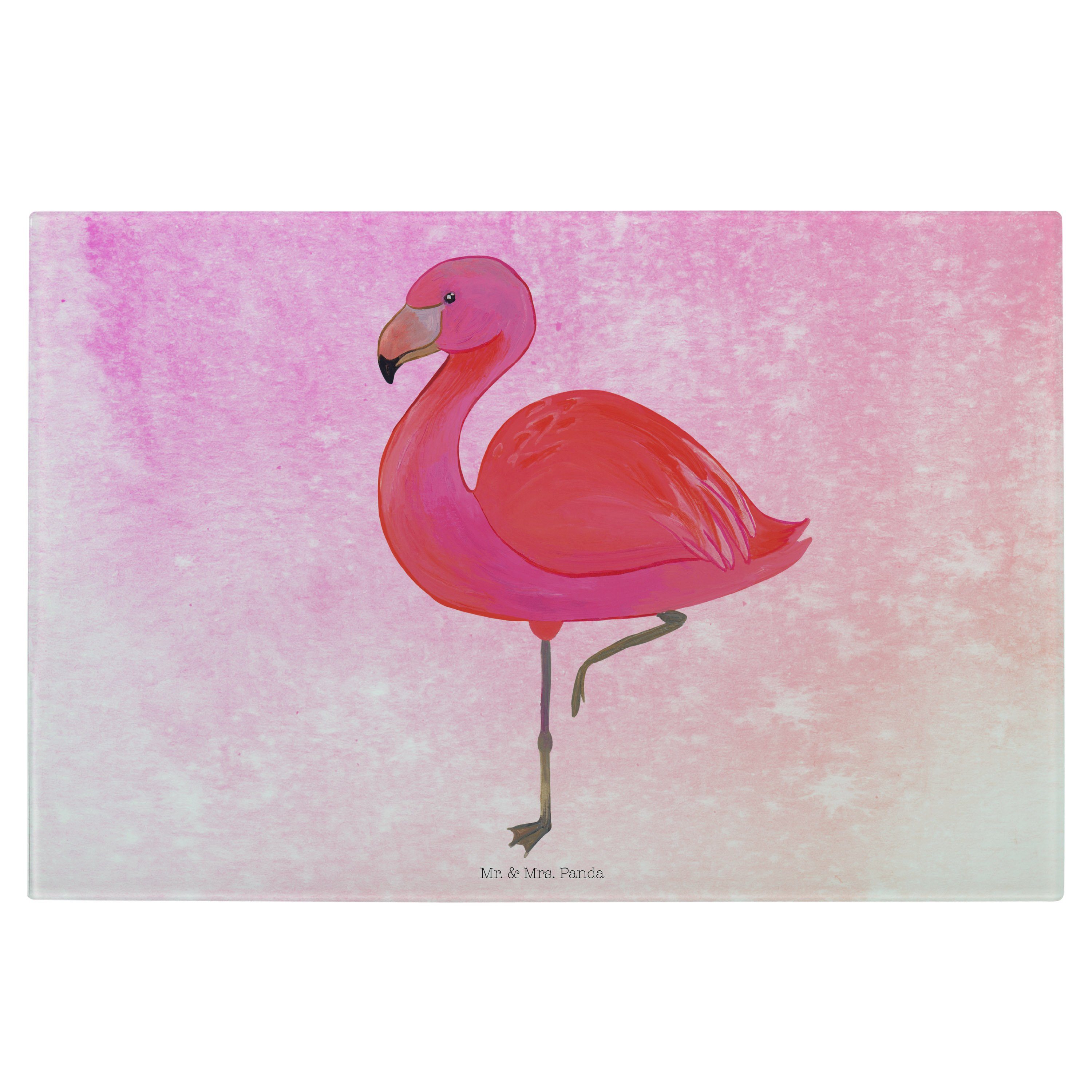 Mr. & Mrs. Panda Servierbrett Flamingo classic - Aquarell Pink - Geschenk, einzigartig, Stolz, Selb, Premium Glas, (1-St)