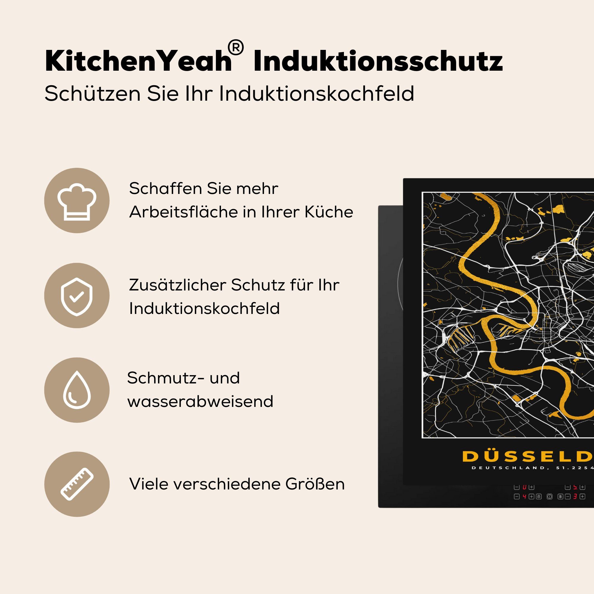 cm, Arbeitsplatte Herdblende-/Abdeckplatte Vinyl, für Deutschland, (1 Stadtplan tlg), - küche Karte - - MuchoWow Gold - Düsseldorf 78x78 Ceranfeldabdeckung,