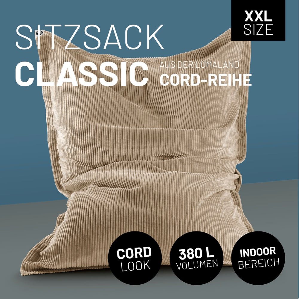 Lumaland Sitzsack Sitzsack Indoor Cord 380l beige, kuscheliger Cord-Bezug - perfekt fürs moderne Zuhause