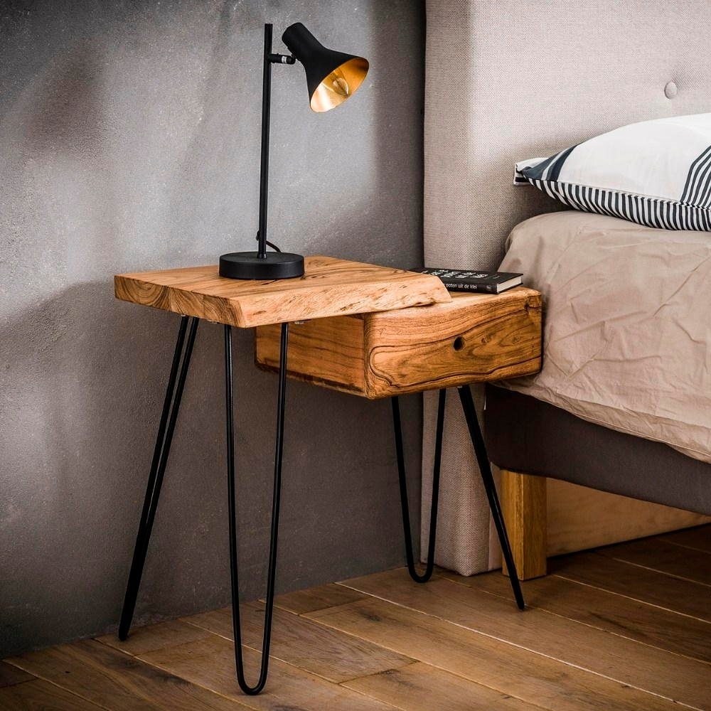 Massivholz Beistelltisch Natur-dunkel mit und Aluna Möbel Nachttisch in Schwarz-, Schublade RINGO-Living