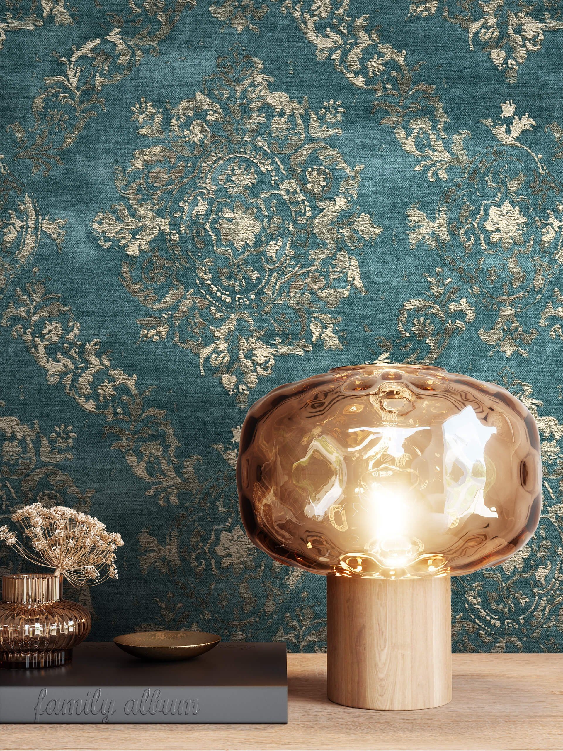 Newroom Vliestapete Milan Blue Tapete Barocktapete Ornament,Prunk, Blau Tapete Barock Ornament - Barocktapete Gold Glamour Modern Prunk für Wohnzimmer Schlafzimmer Flur, modern