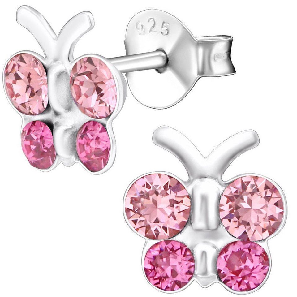 Limana Paar Ohrstecker Damen Kinder Mädchen Ohrringe echt 925 Sterling  Silber Schmetterlinge, mit rosa SWAROVSKI® Kristall Steine, Silberschmuck,  K909o