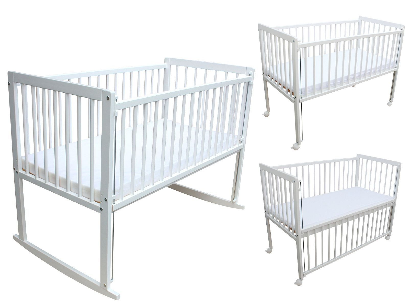 Beistellbett Kinderbett / Beistellbett / Wiege 3in1 120x60cm mit Matratze weiß