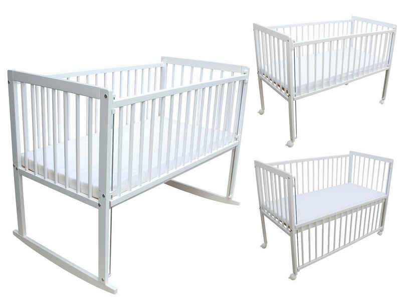 Micoland Beistellbett Kinderbett / Beistellbett / Wiege 3in1 120x60cm mit Matratze weiß